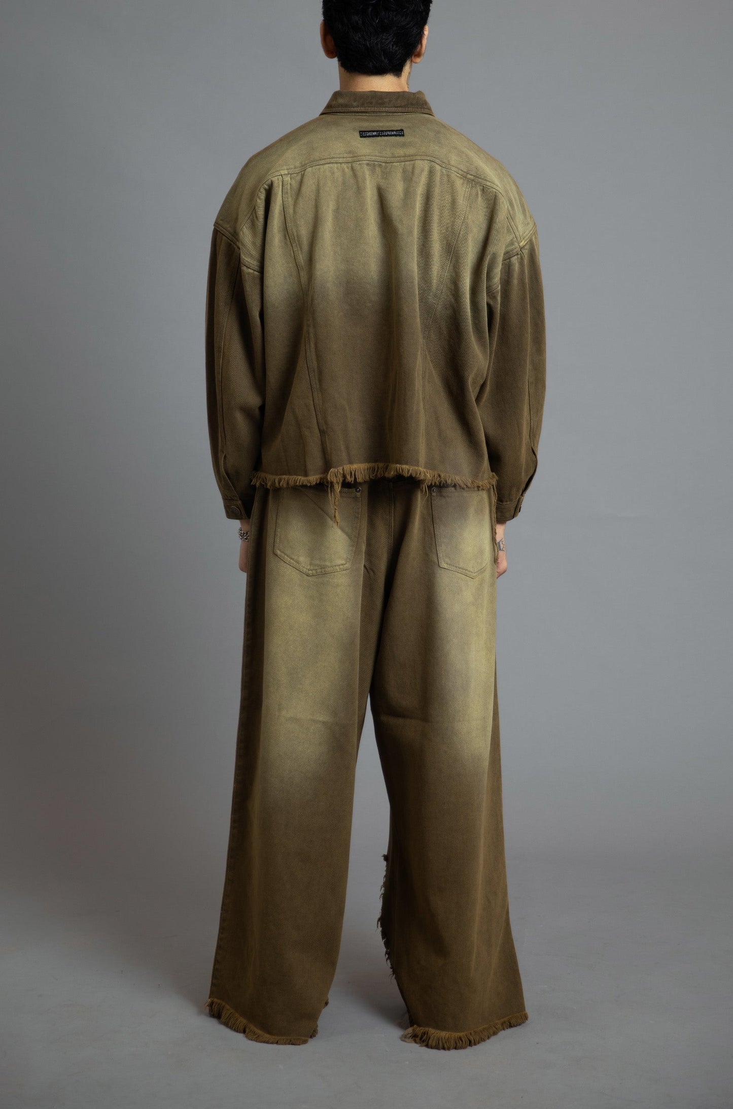 SuperHUEMN 'Sand' Washed Distressed Denim Jacket (Olive Brown)