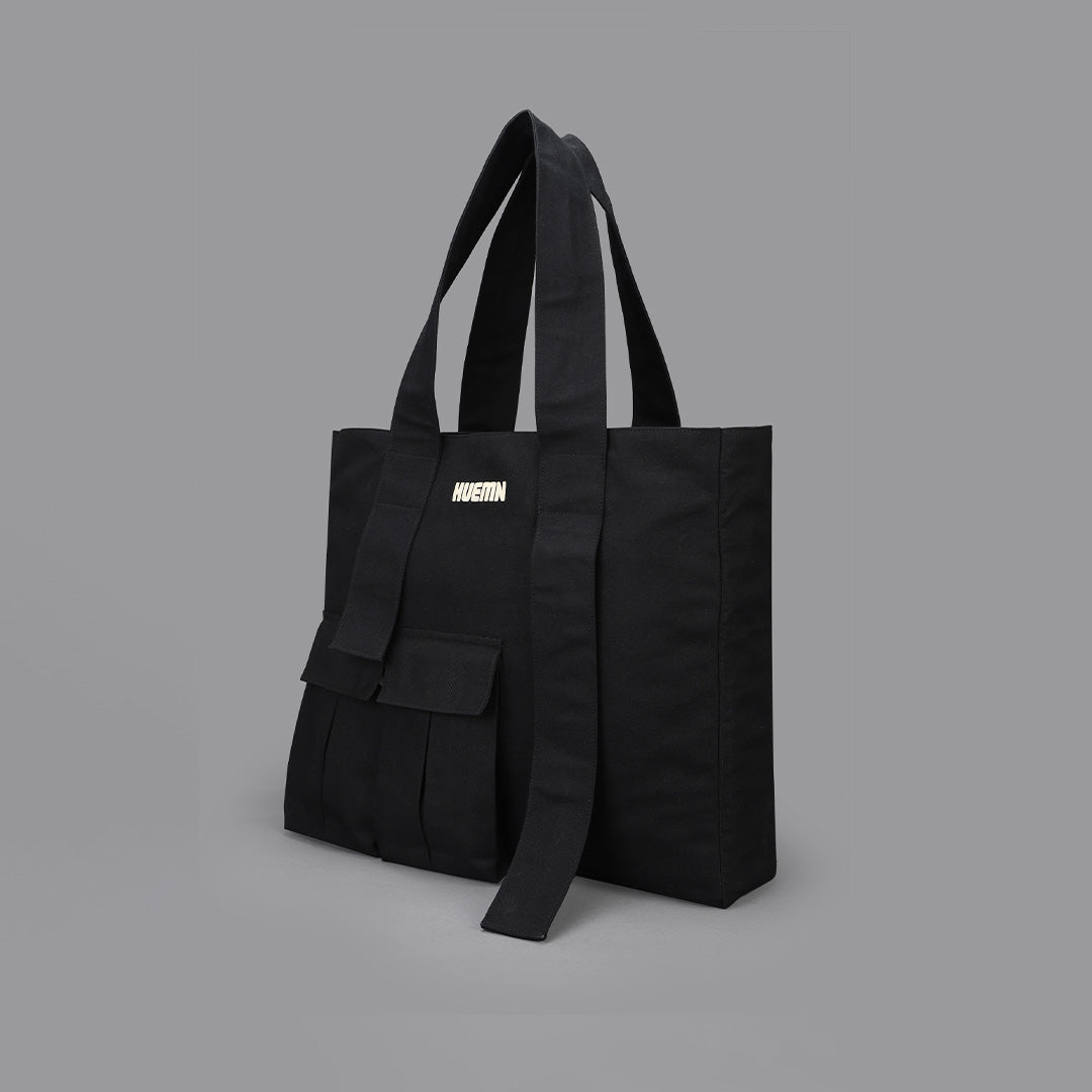 HUEMN Pocket Detailed Zippered Tote (Black)