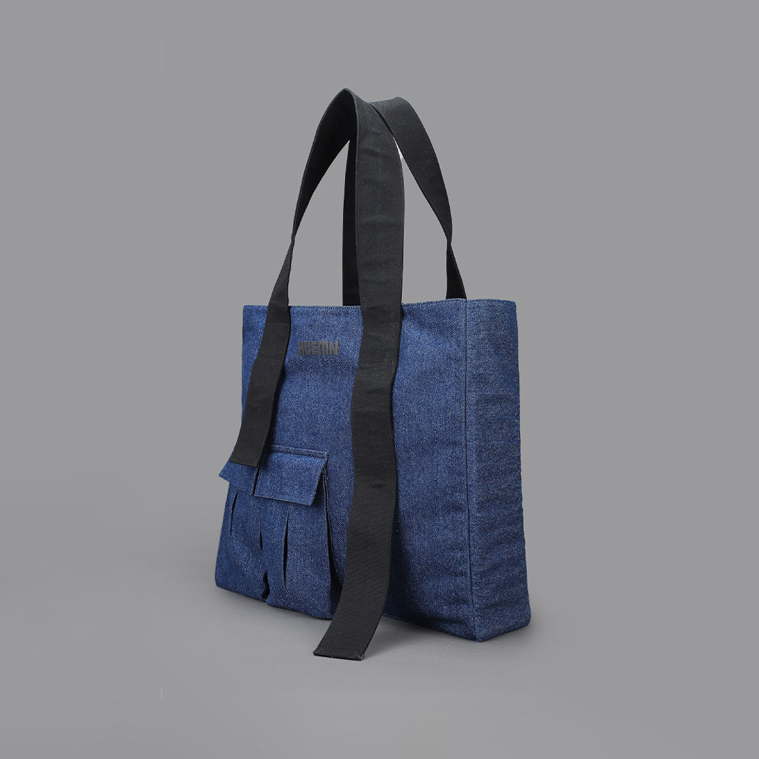 HUEMN Pocket Detailed Zippered Tote (Indigo)