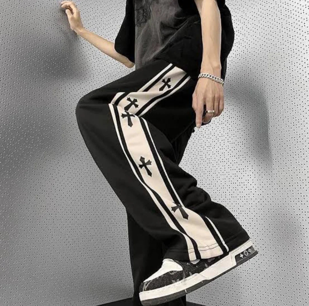 Y2K Harajuku Cross Print Baggy Track Pants – Wide Leg Streetwear - Prime Fitz
