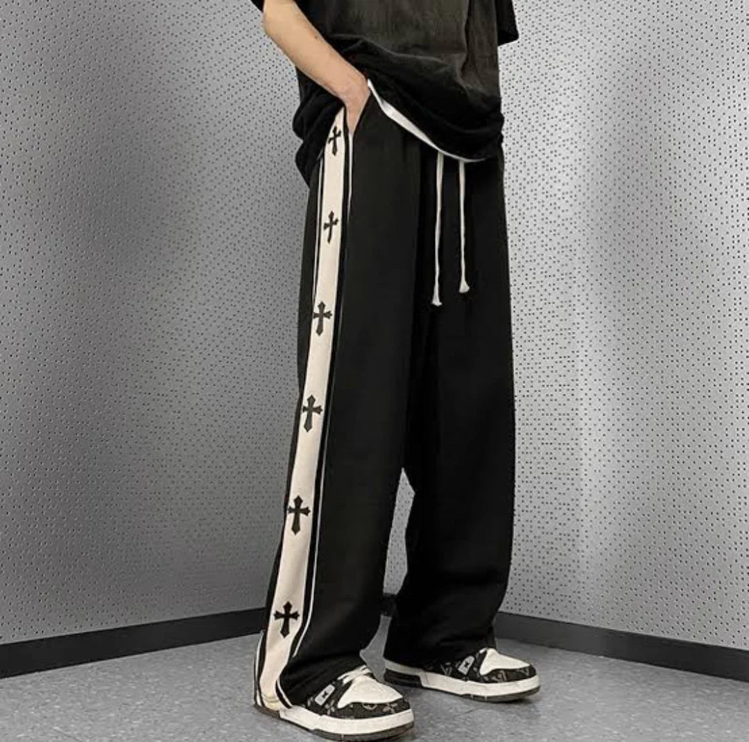 Y2K Harajuku Cross Print Baggy Track Pants – Wide Leg Streetwear - Prime Fitz