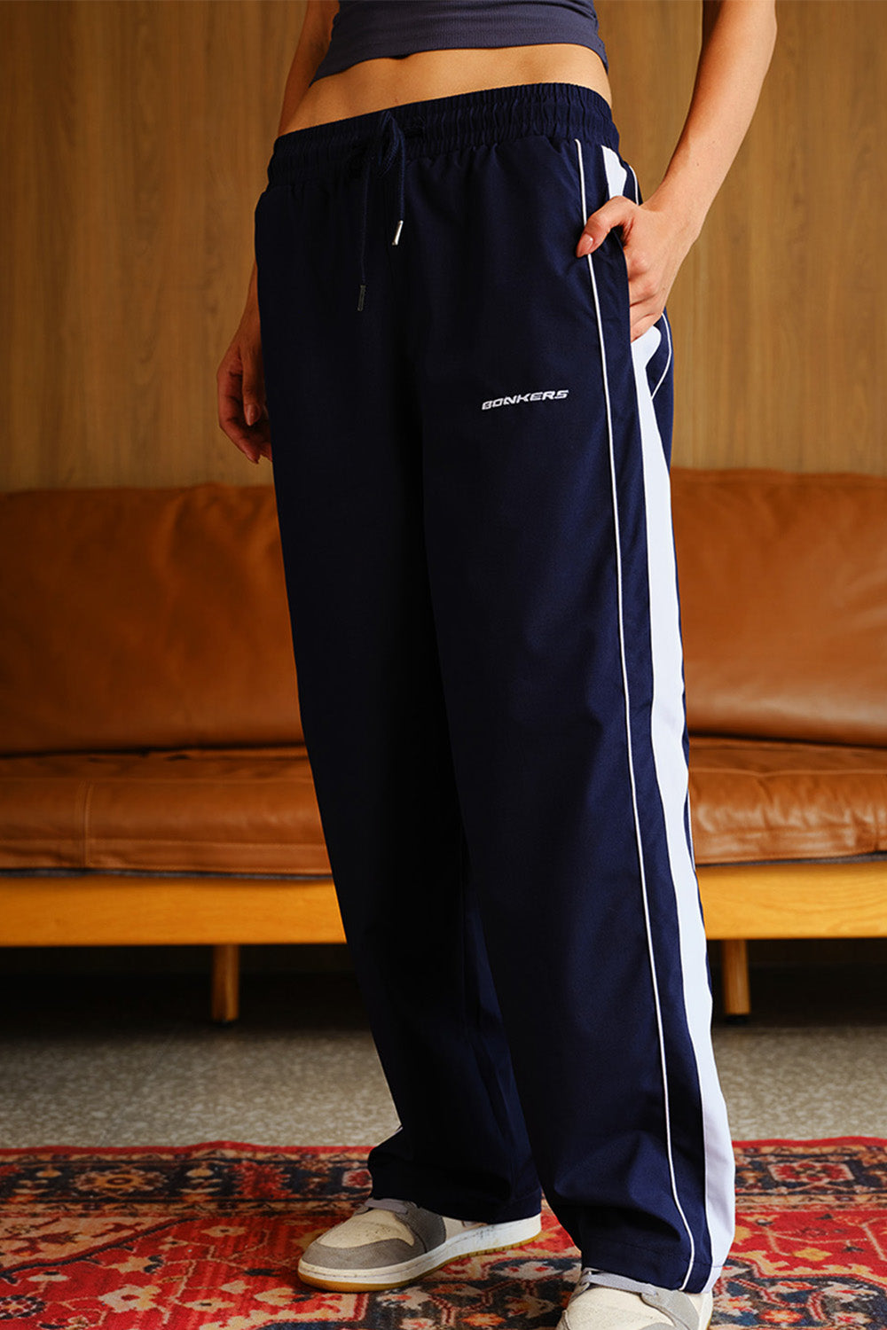 Navy Blue Tape Wide Leg Joggers
