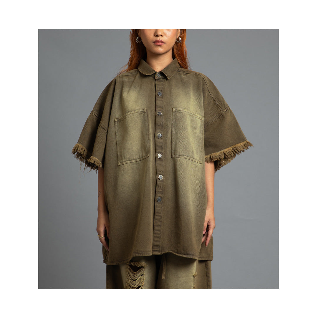 SuperHUEMN 'Sand' Washed Denim Overshirt (Olive Brown)