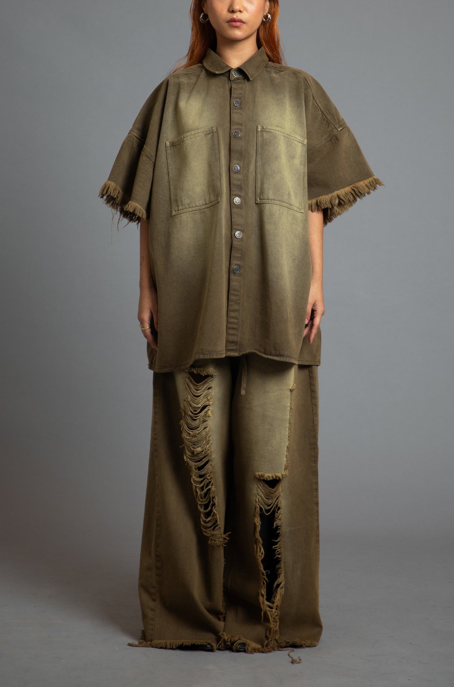 SuperHUEMN 'Sand' Washed Denim Overshirt (Olive Brown)