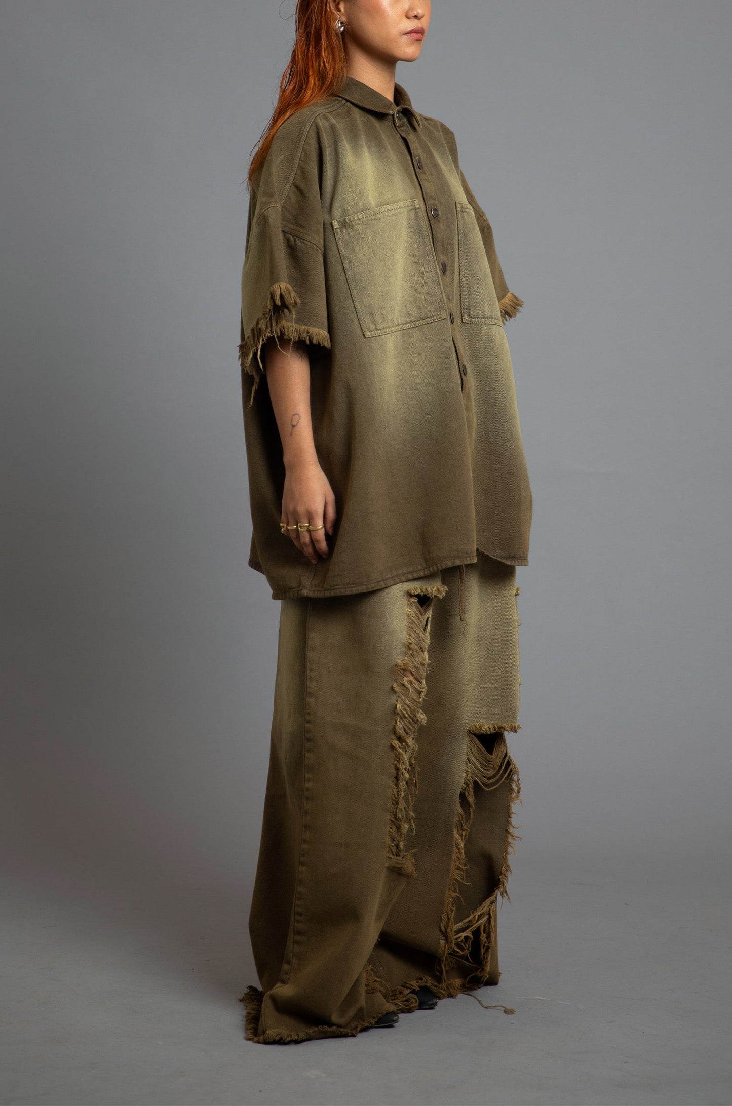 SuperHUEMN 'Sand' Washed Denim Overshirt (Olive Brown)