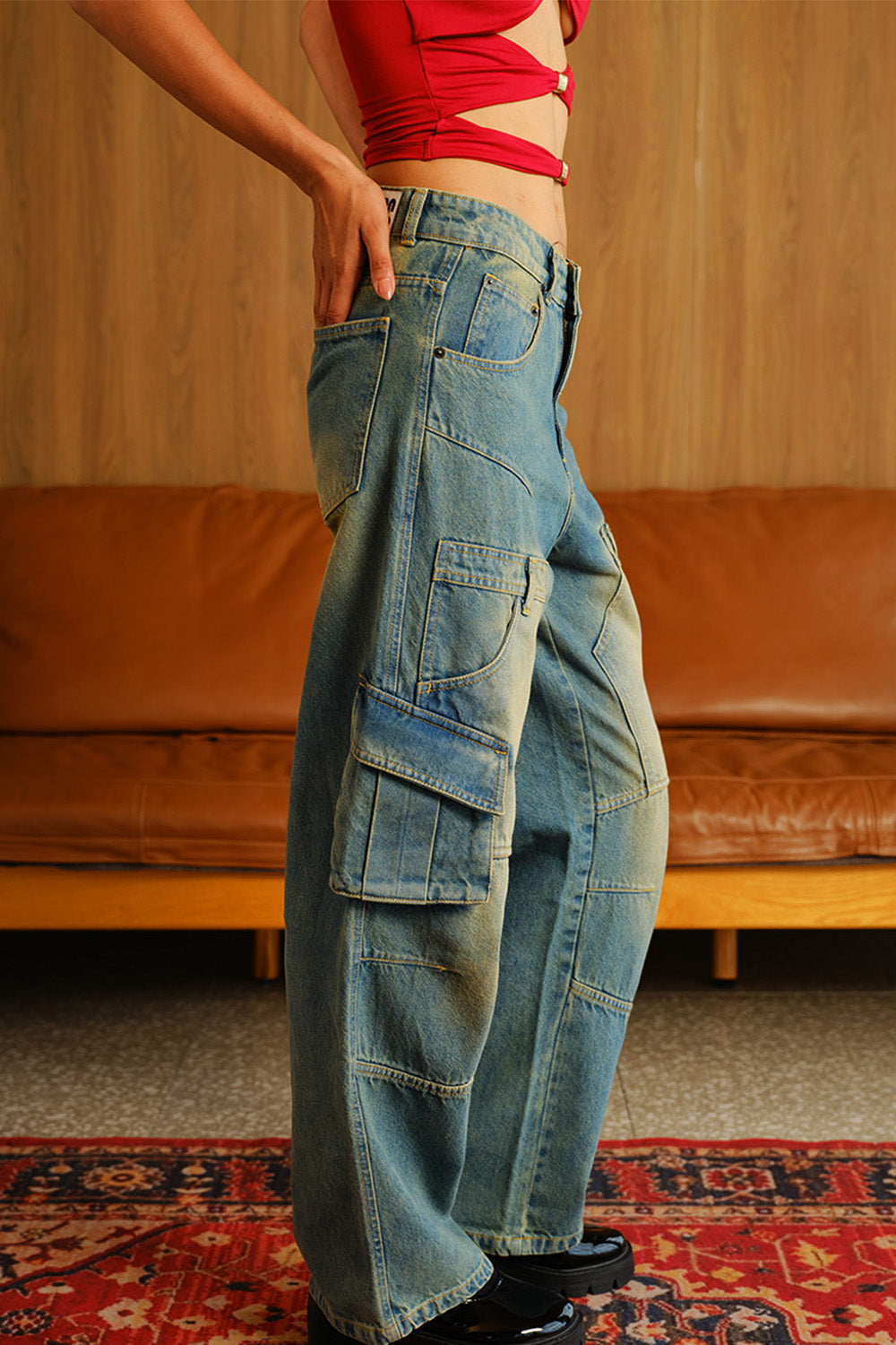 Stone Wash Workwear Cargo Jeans