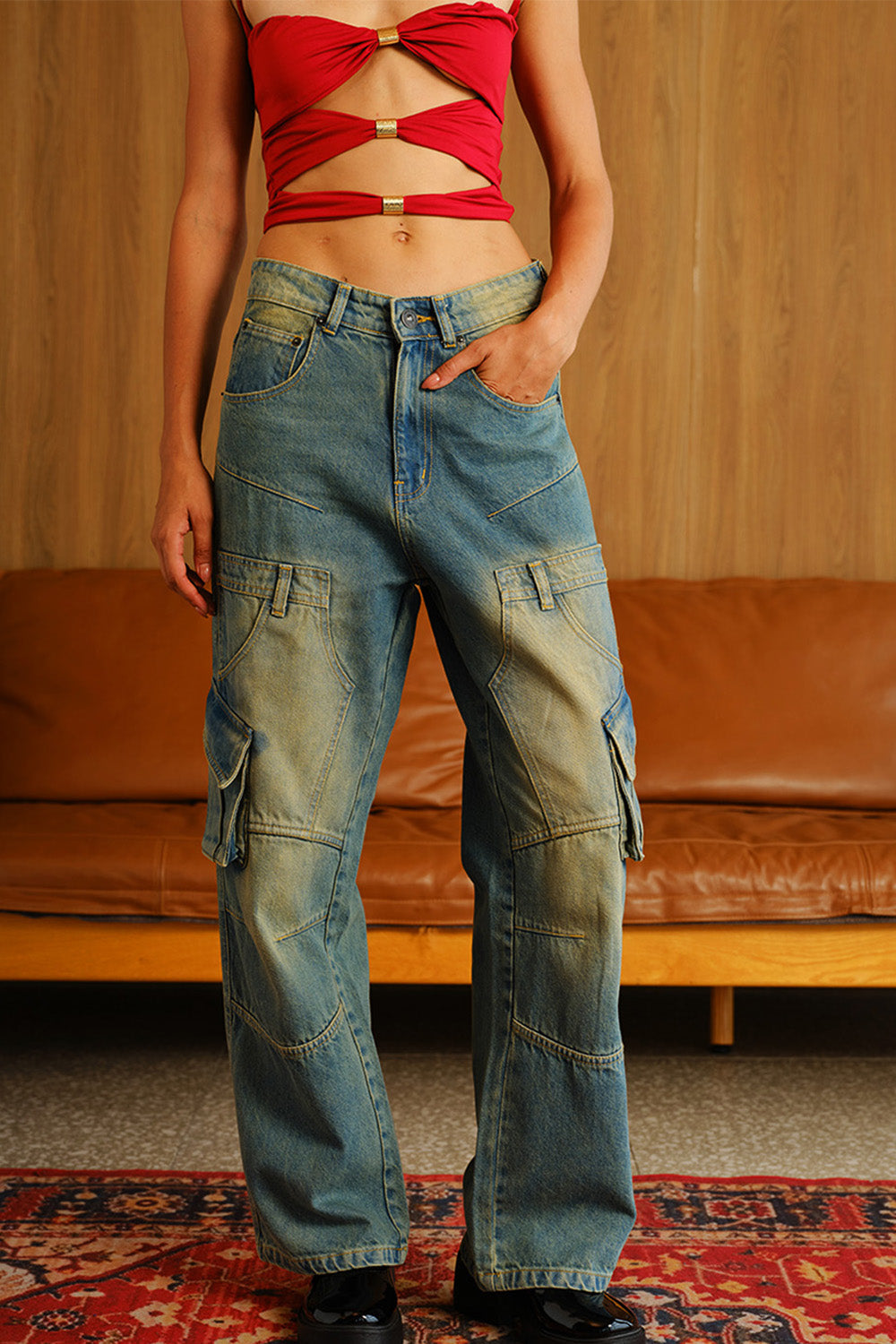Stone Wash Workwear Cargo Jeans