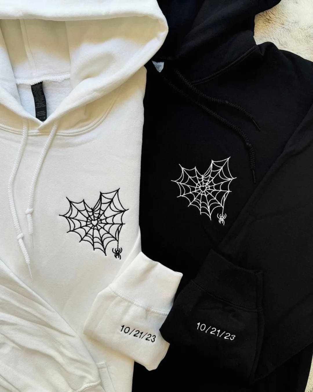 Custom Spider Web Couple Hoodies – Embroidered Unisex Halloween Sweatshirts - Prime Fitz