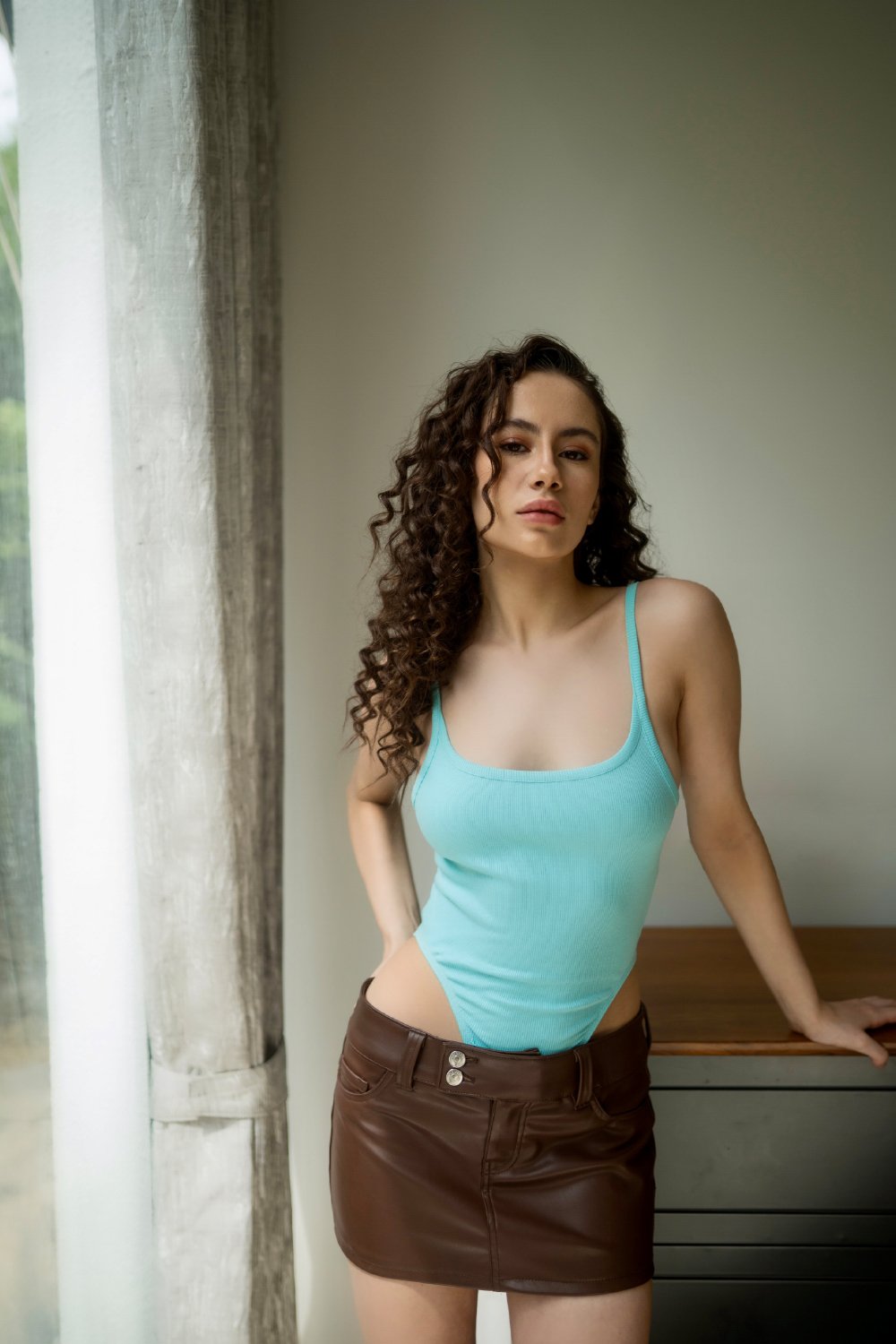 Aqua Blue Ribbed High Cut Bodysuit