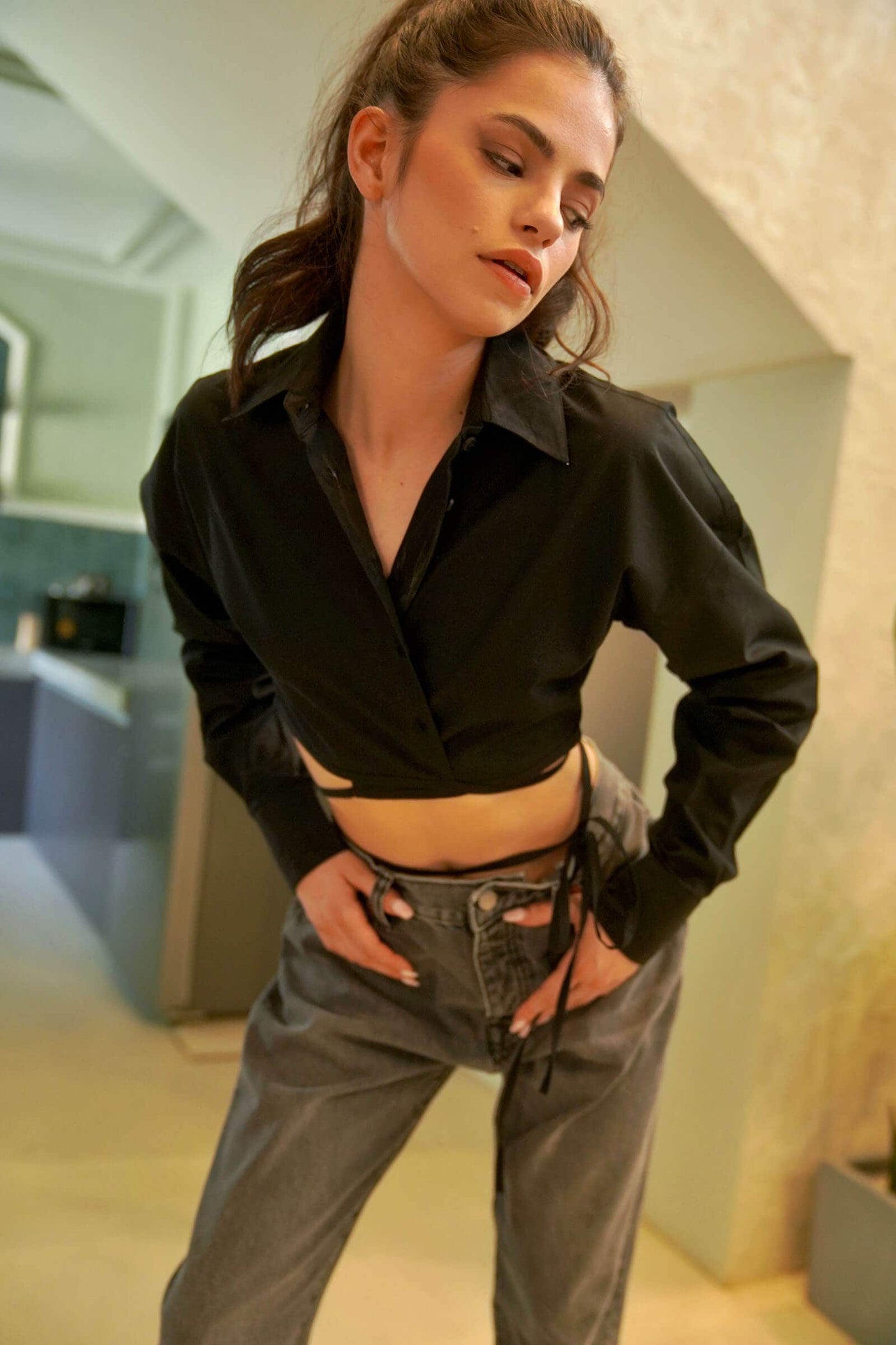 Black Collared Tie Up Shirt