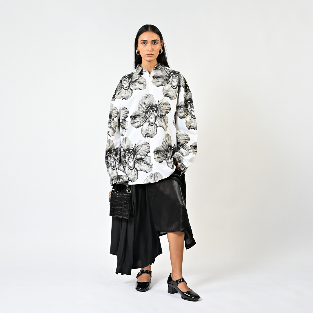 Canine printed oversized cotton shirt - White