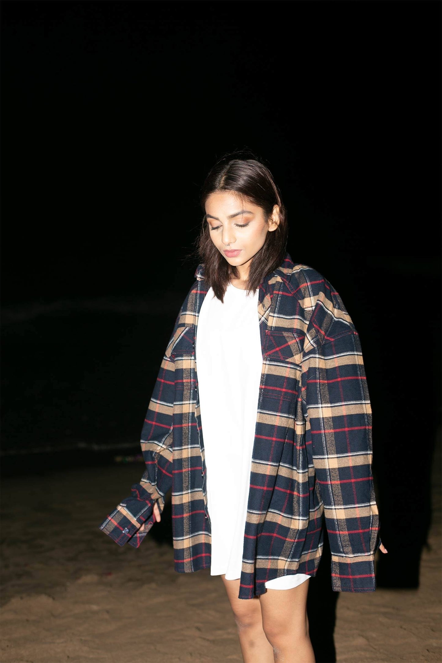 Dark Navy Blue Checkered Plaid Oversized Shirt