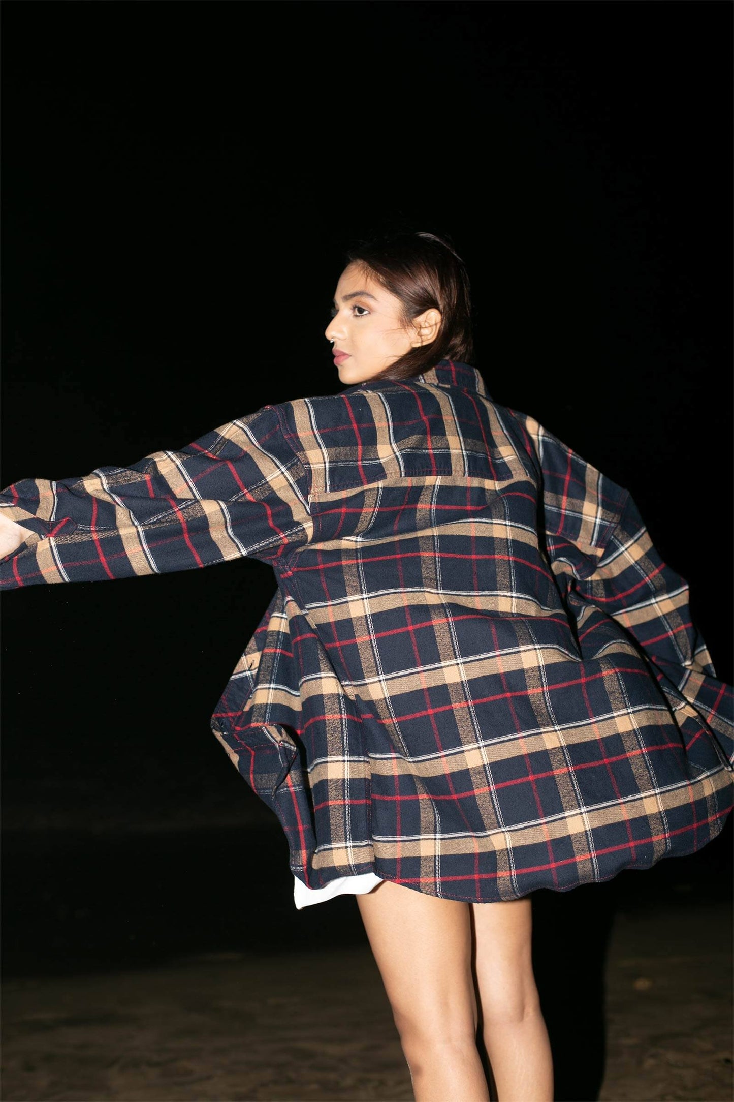 Dark Navy Blue Checkered Plaid Oversized Shirt