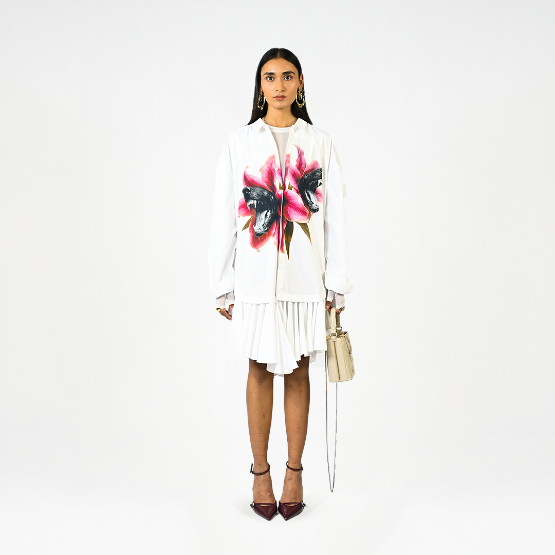 Fanged floral printed ruffle-edged shirt dress