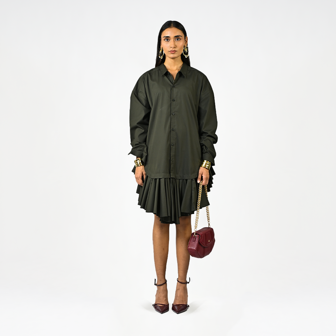 Plain ruffle-edged shirt dress