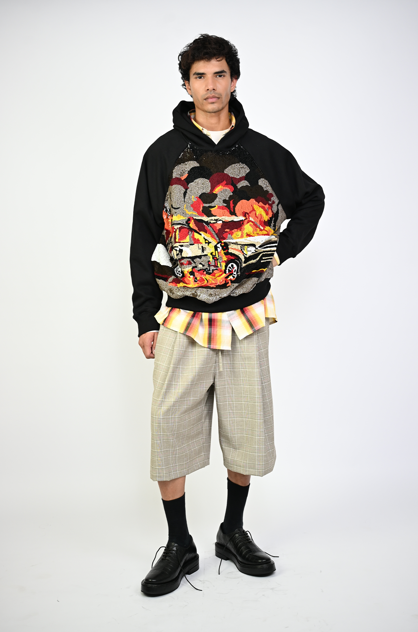 Hand embroidered sequined 'On fire' hoodie (Black)