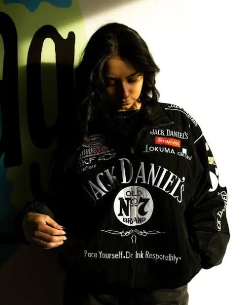 F1 Jack Daniel Puffer Jacket – Unisex Motorsport Style with Embroidery Flair - Prime Fitz