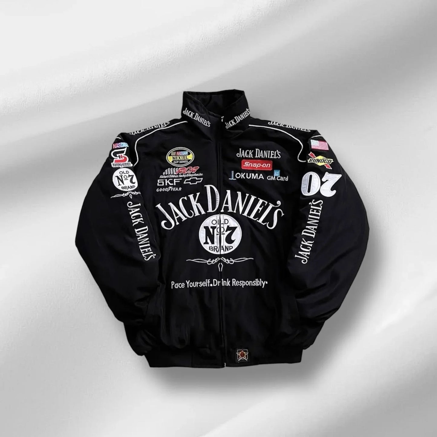 F1 Jack Daniel Puffer Jacket – Unisex Motorsport Style with Embroidery Flair - Prime Fitz