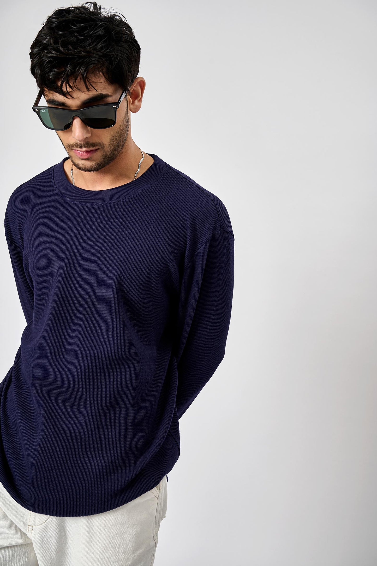 Navy Blue Heavyweight Crew Neck Waffle