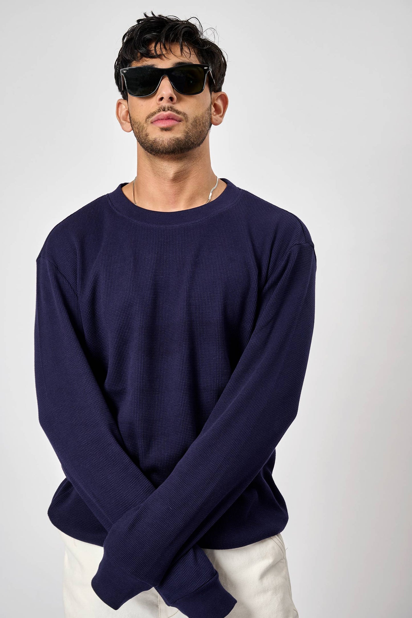 Navy Blue Heavyweight Crew Neck Waffle
