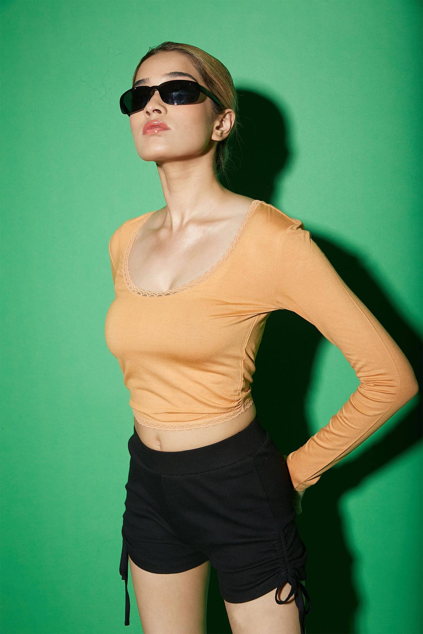 Orange Full Sleeves Lace Lined Top