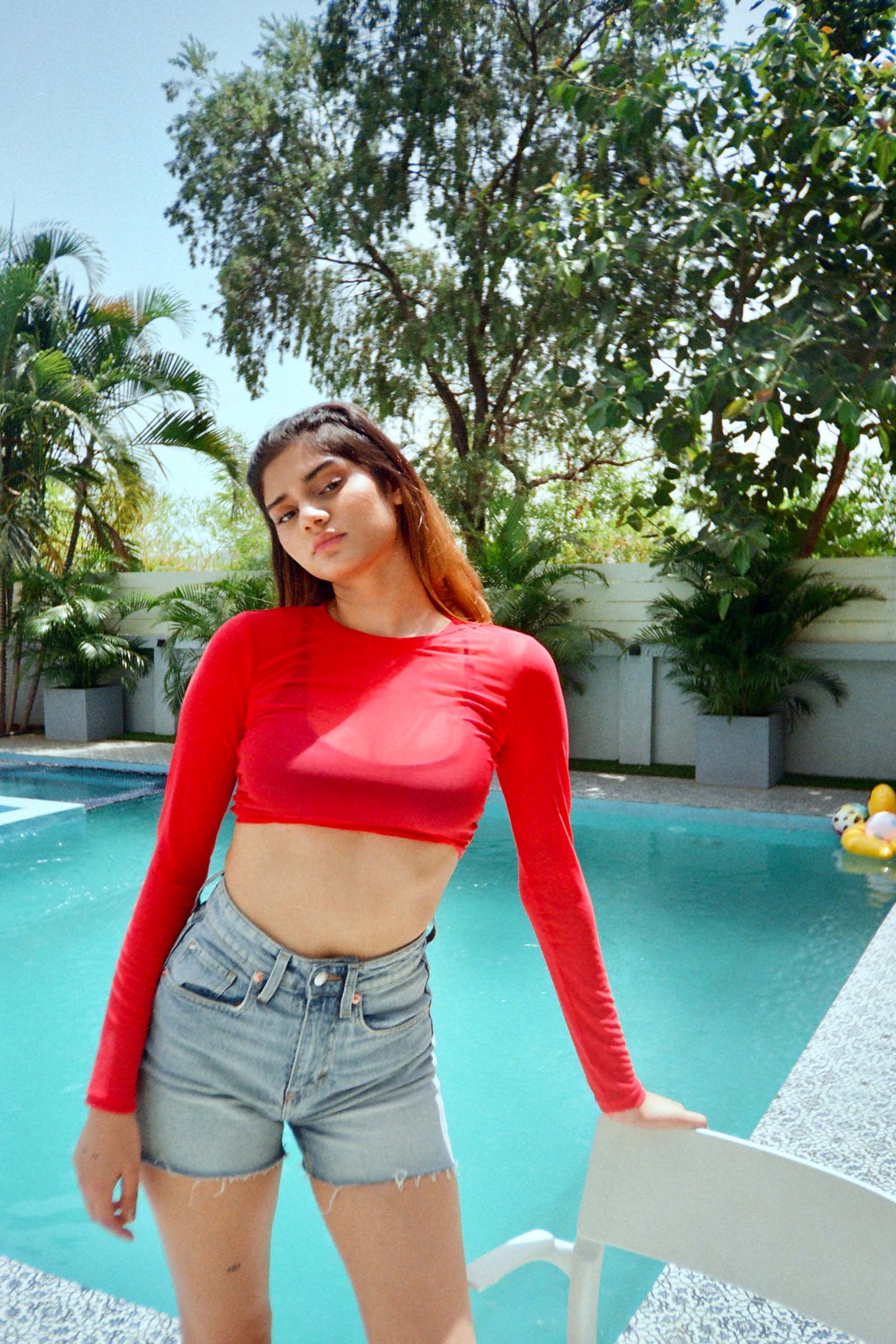 Red Full Sleeves Mesh Crop Top