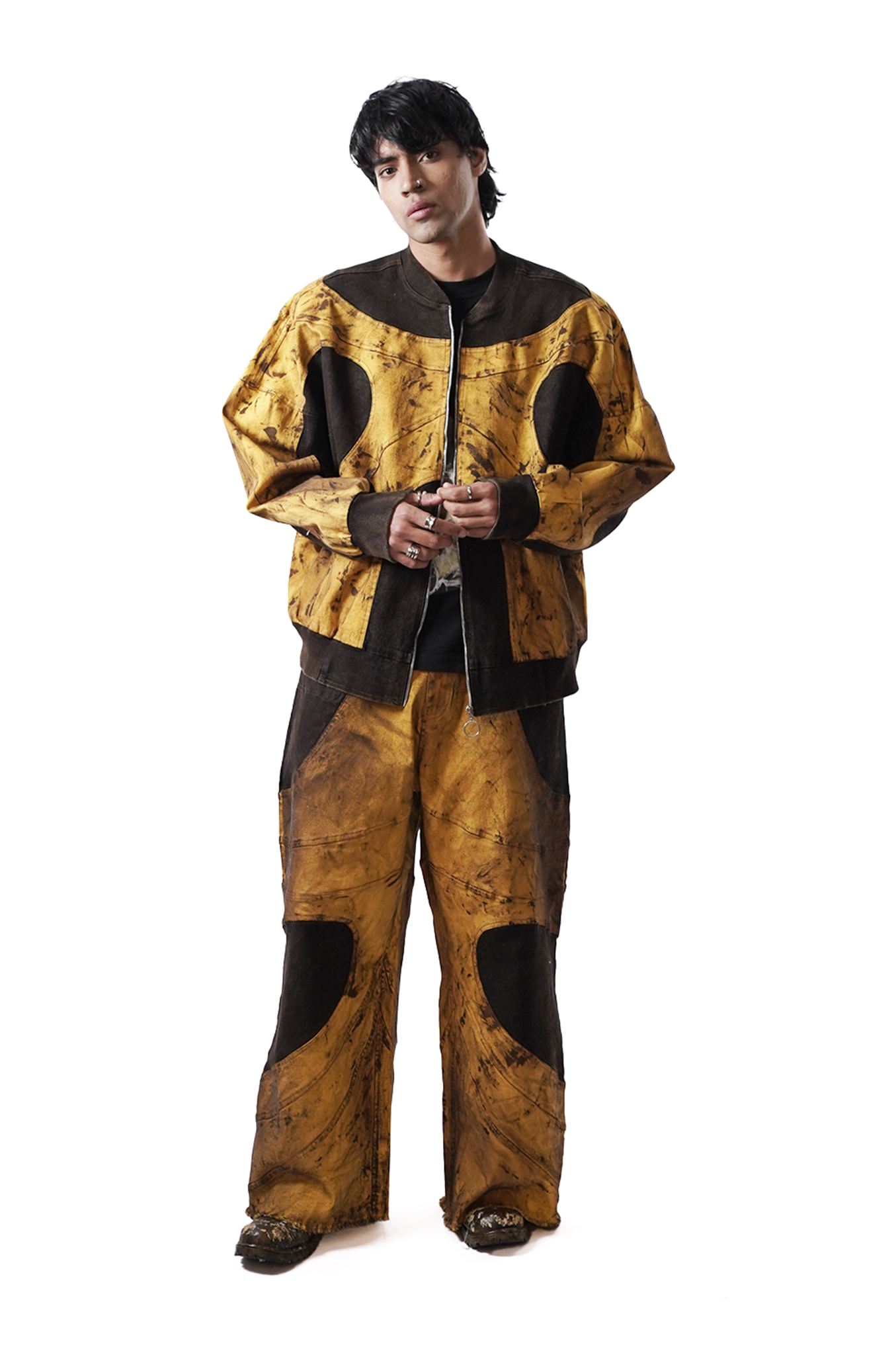 Oversized unisex panelled denim with hand-painted mud washed surface (Copper)