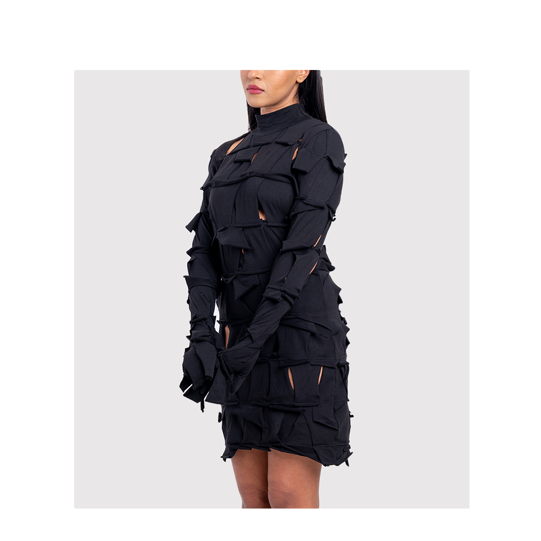 Handcrafted 1000 Panel Bodycon Dress (Black)