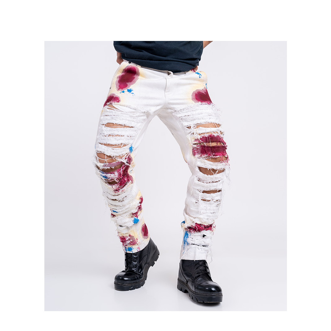 Huemn Blood Washed Slit And Frayed Denim (White)