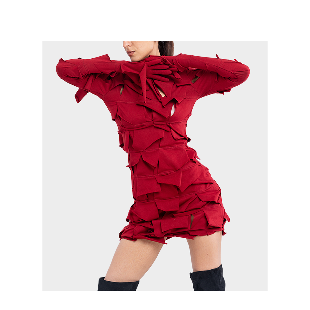 Handcrafted 1000 Panel Bodycon Dress (Maroon)