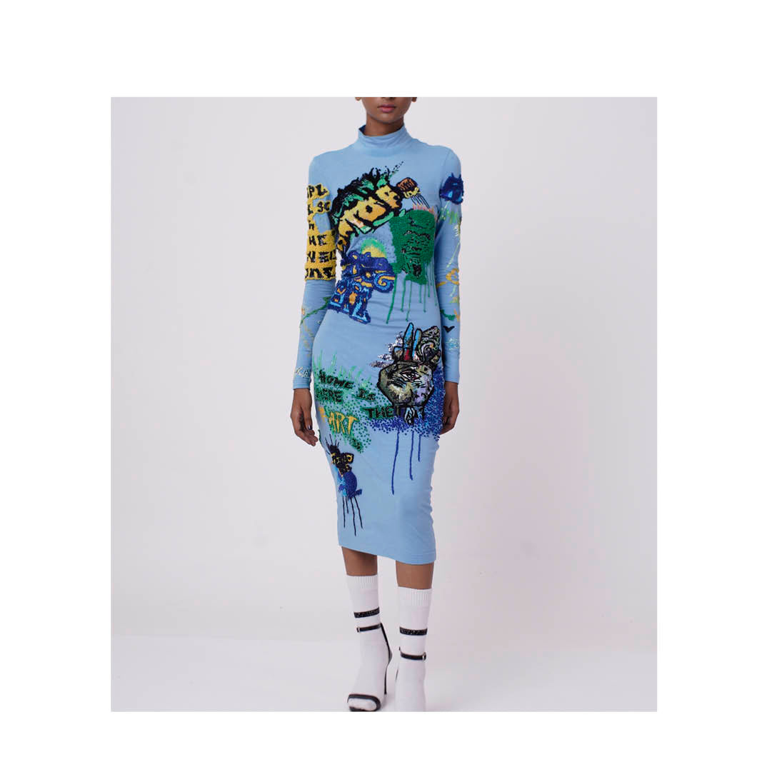 Handcrafted Graffiti Dress (Sky Blue)