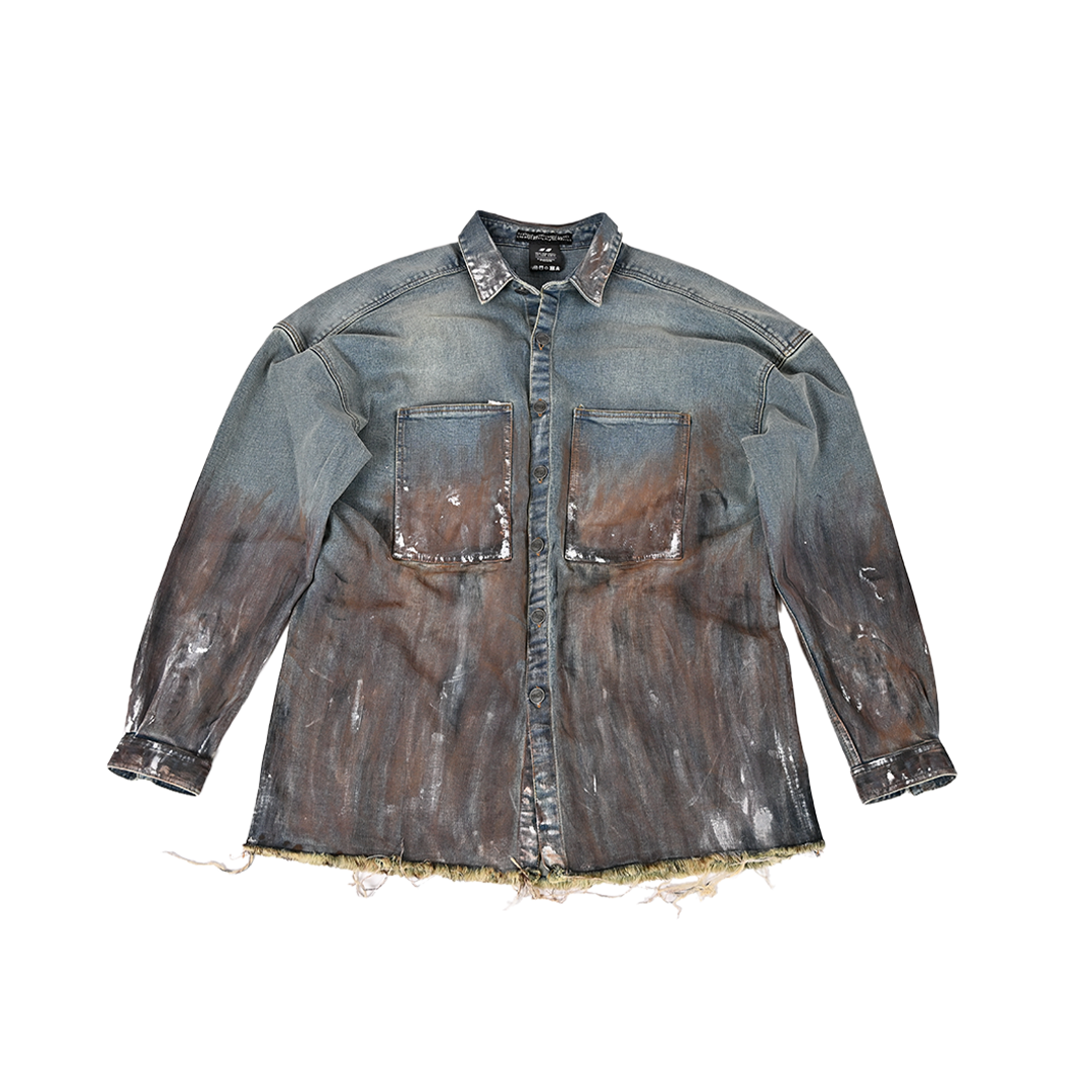 Oversized unisex denim shirt  with hand-painted whitewash surface (Indigo)