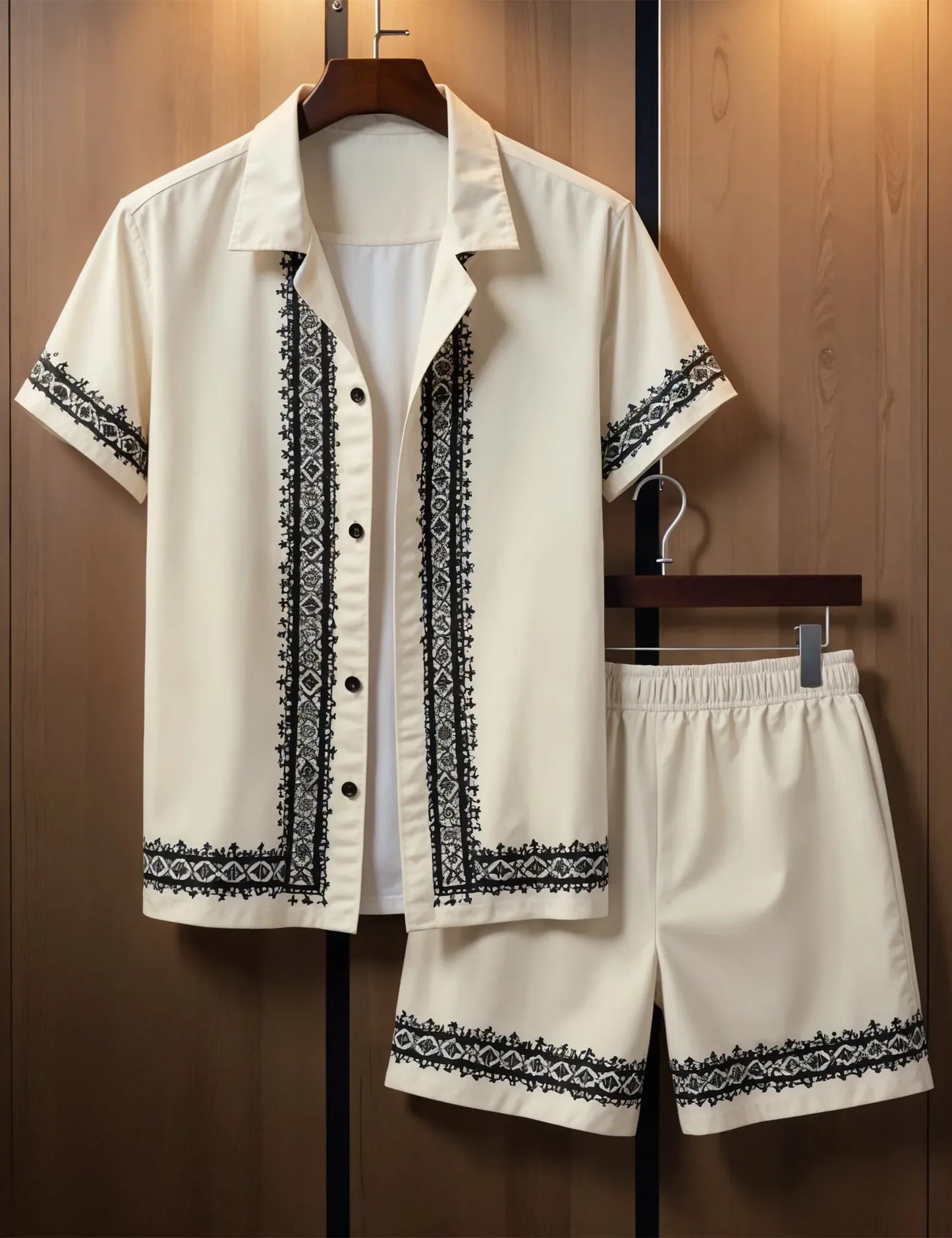 Men's Vintage-Inspired Embroidered Shirt & Shorts Set – Elegant Summer 2-Piece Outfit - Prime Fitz