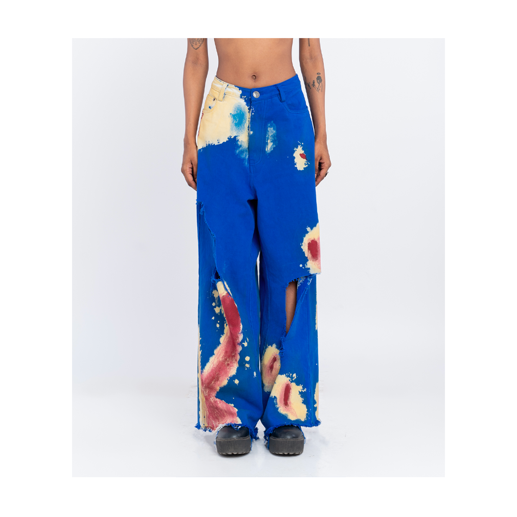 Huemn Blood Washed Wide Leg Ripped Denim (Blue)