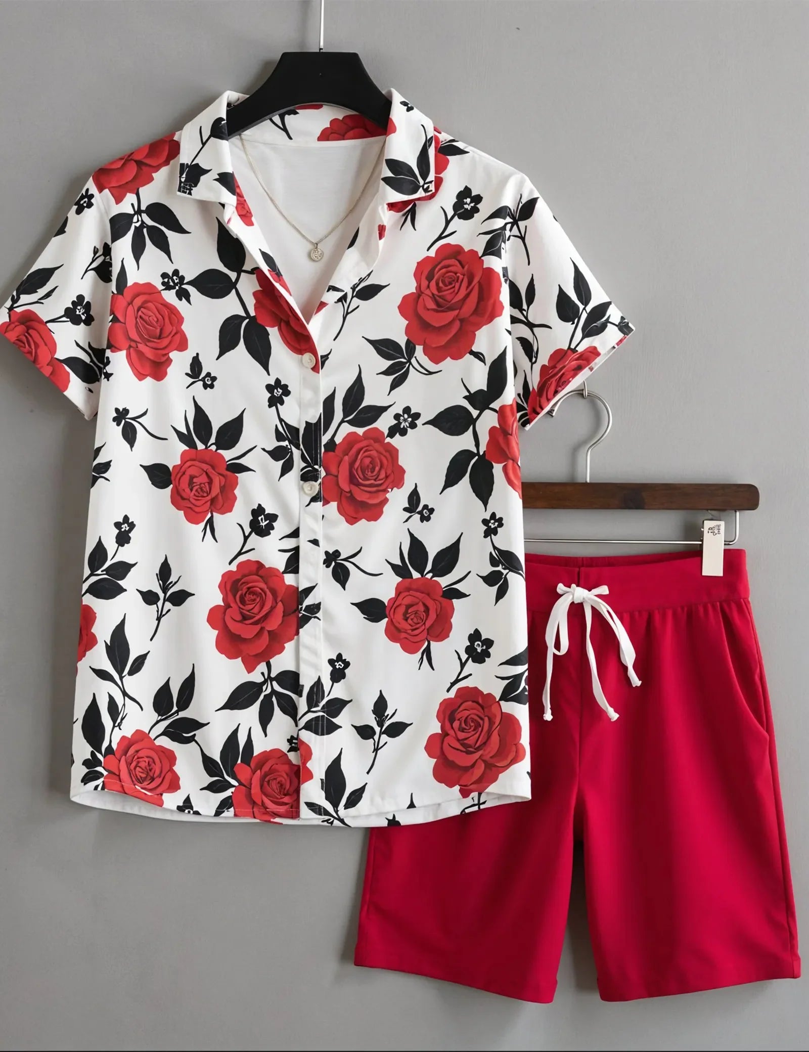 Men's Red Rose Floral Print Shirt & Shorts Set – Casual Summer 2-Piece Outfit - Prime Fitz