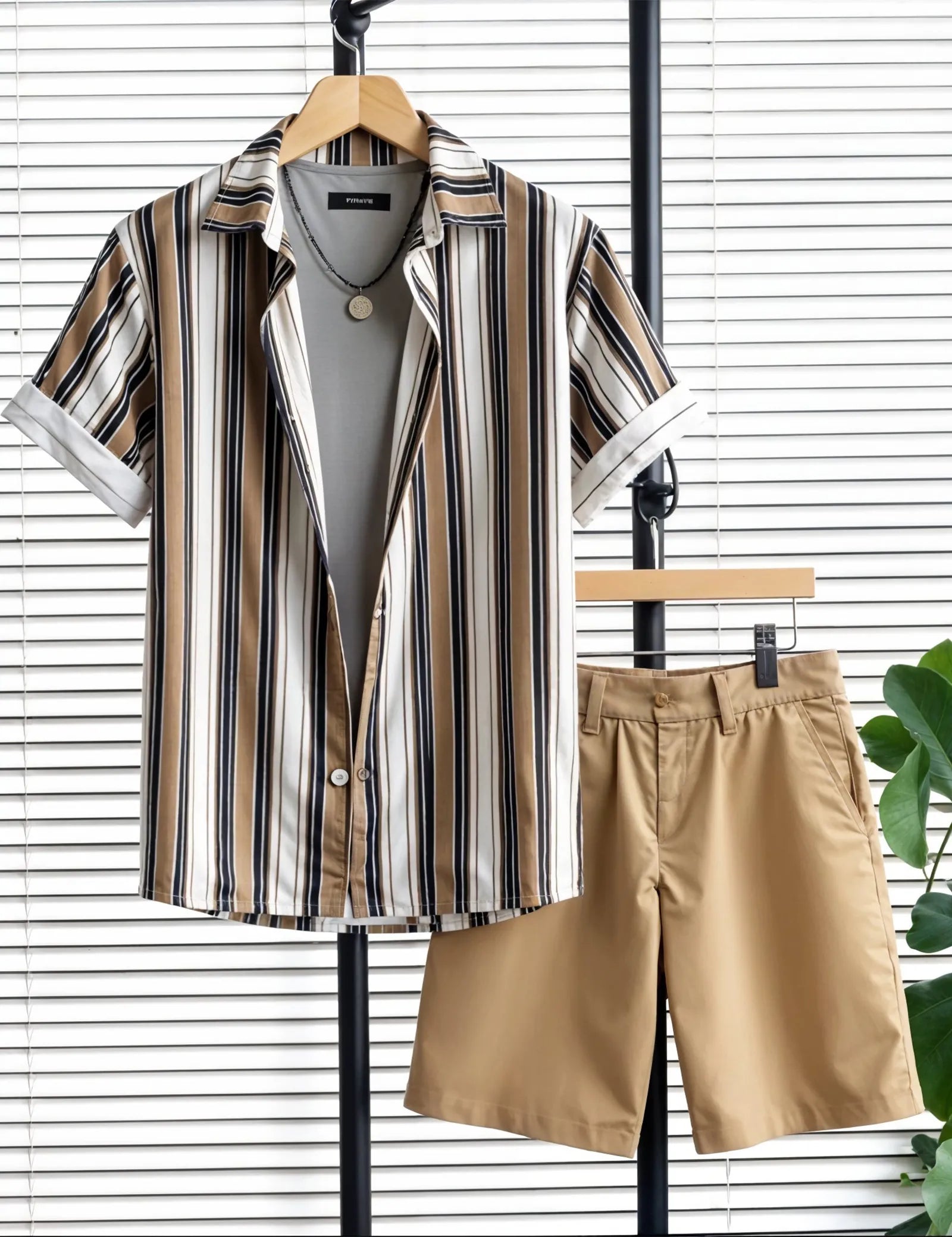 Men's Classic Striped Shirt & Khaki Shorts Set – Casual Summer Two-Piece Outfit - Prime Fitz