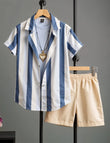 Men's Blue & White Vertical Stripe Shirt with Beige Shorts – Casual Summer Outfit Set - Prime Fitz