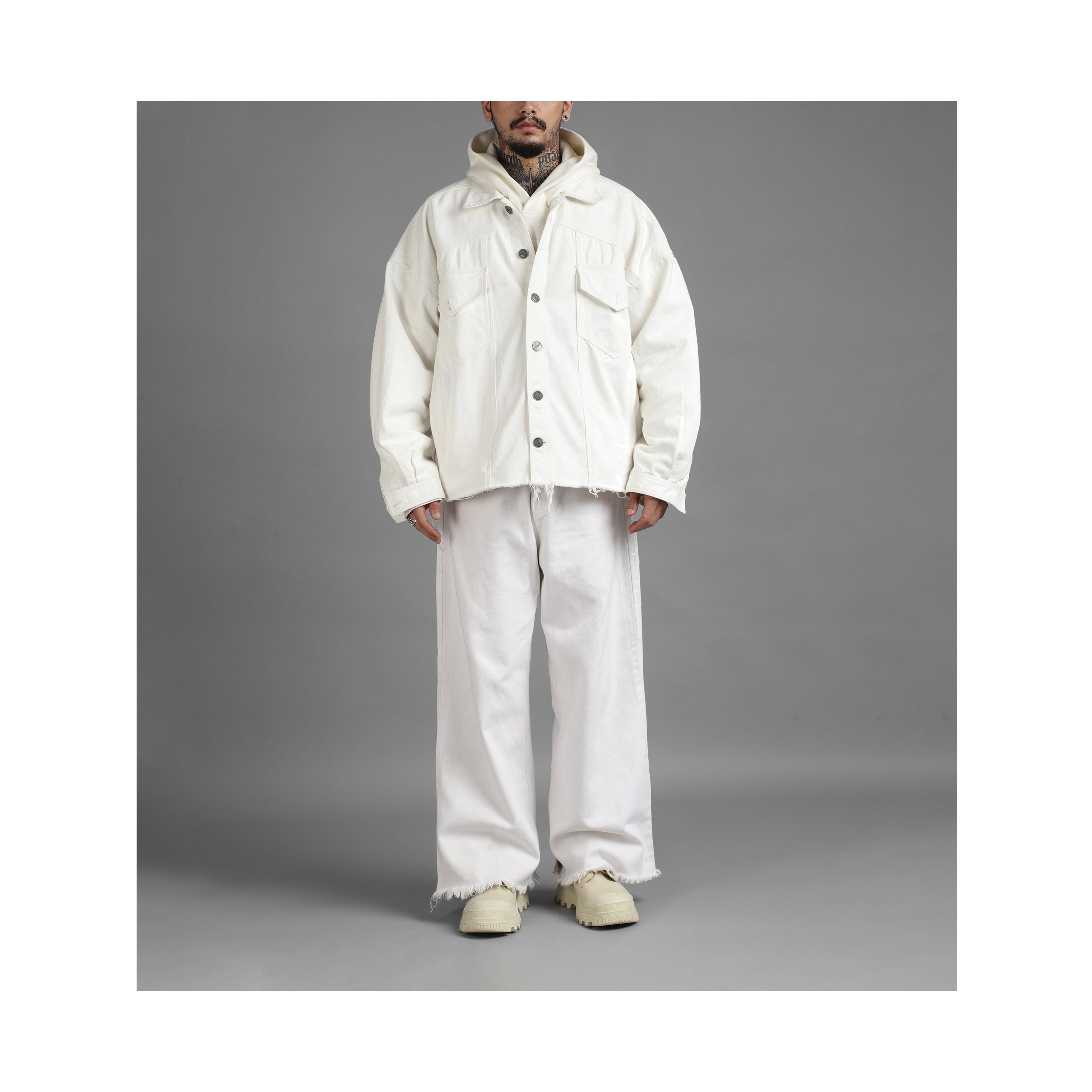 SuperHUEMN Classic Distressed Denim Jacket (White)