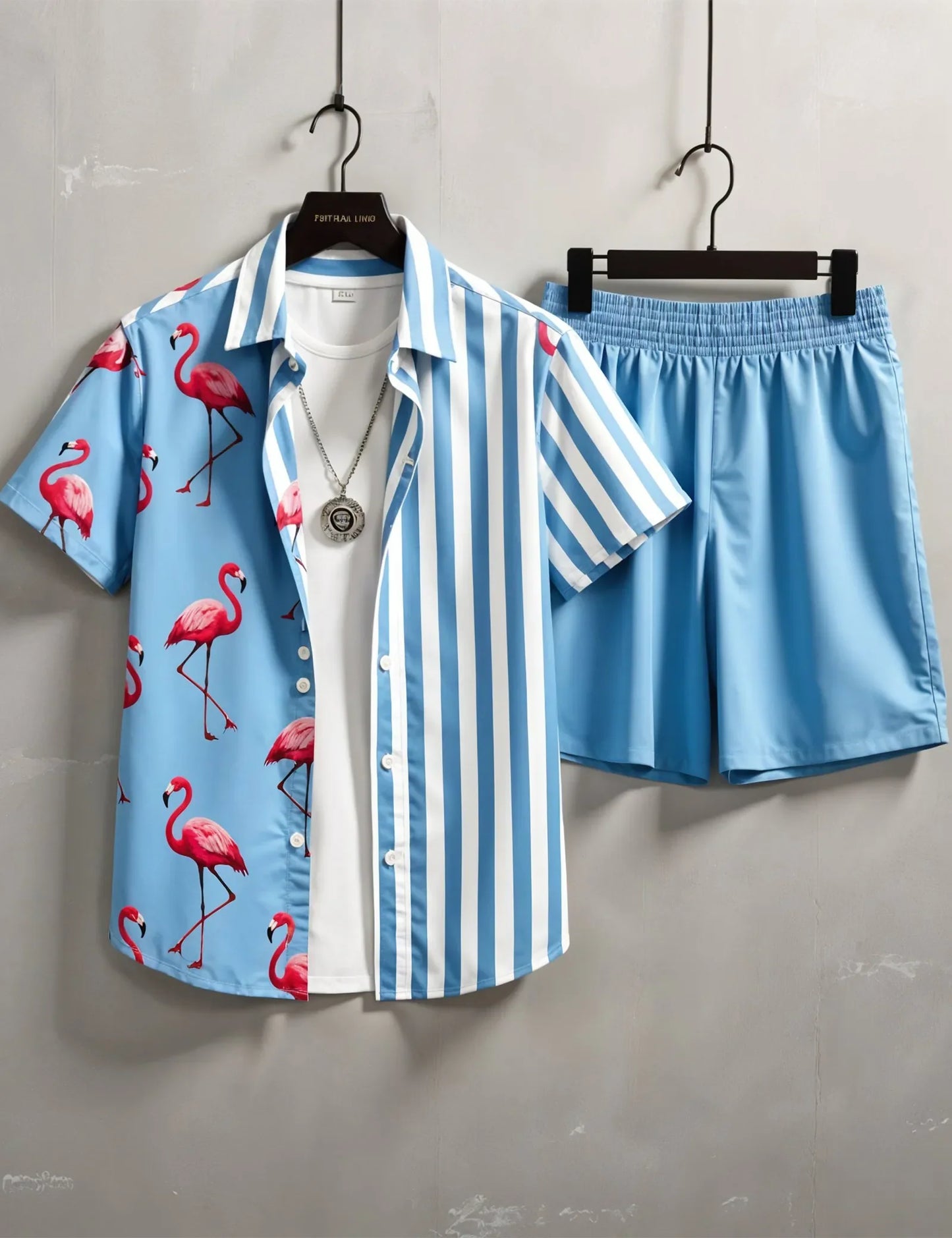 Men's Flamingo Print & Striped Shirt with Shorts Set – Fun Tropical Summer Outfit - Prime Fitz
