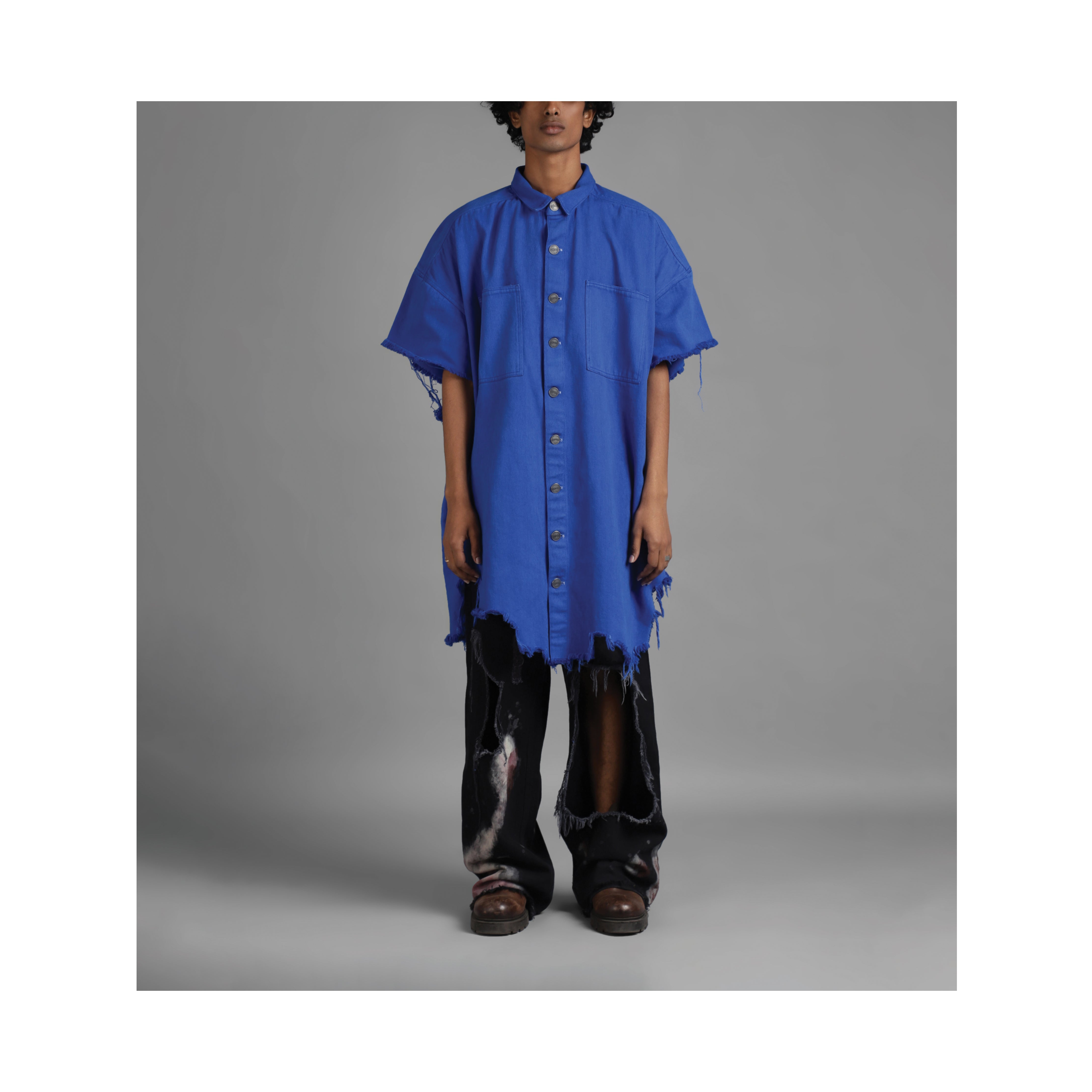 SuperHUEMN Denim Oversized Asymmetric Longline Shirt (Blue)