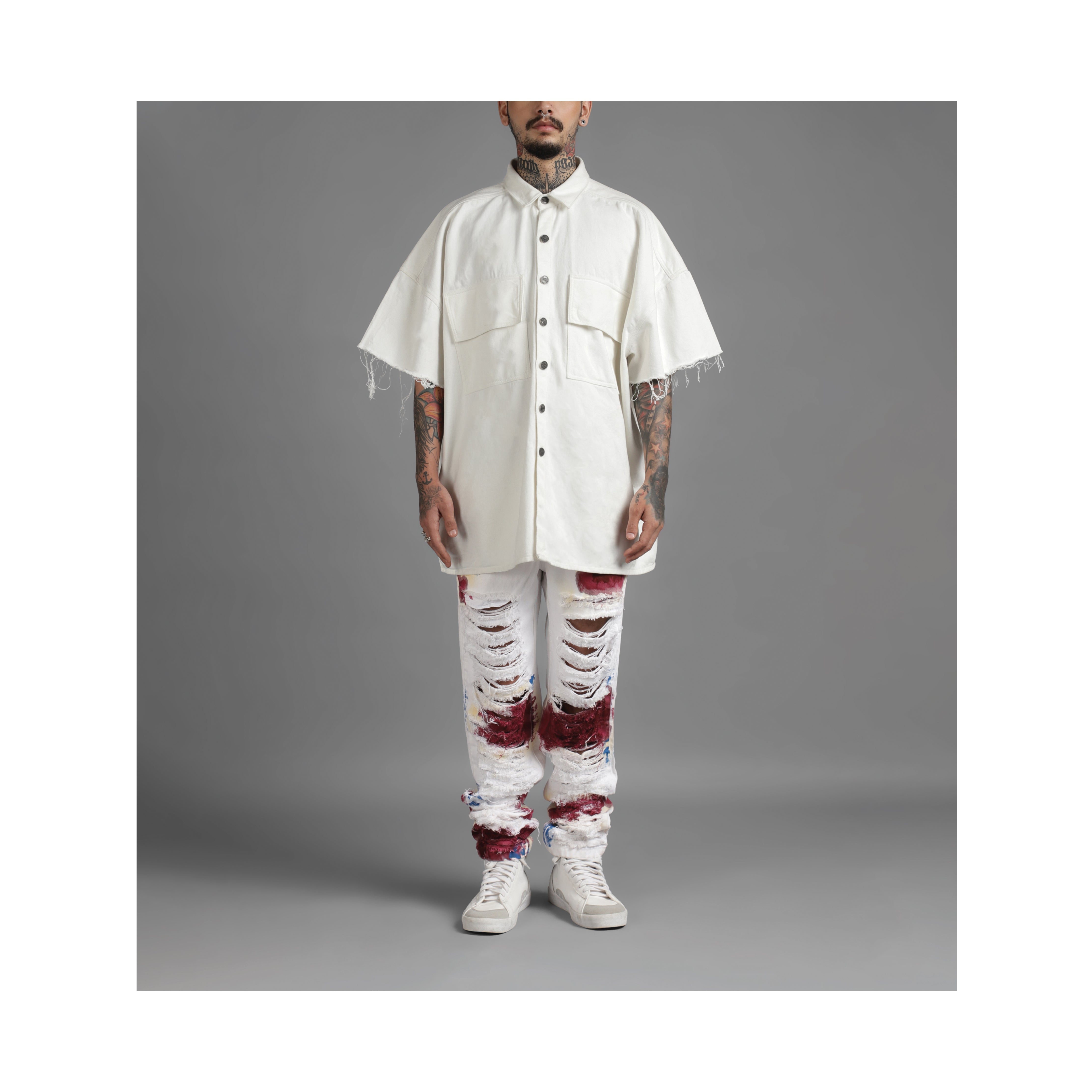 SuperHUEMN Denim Overshirt with Patched Pockets (White)