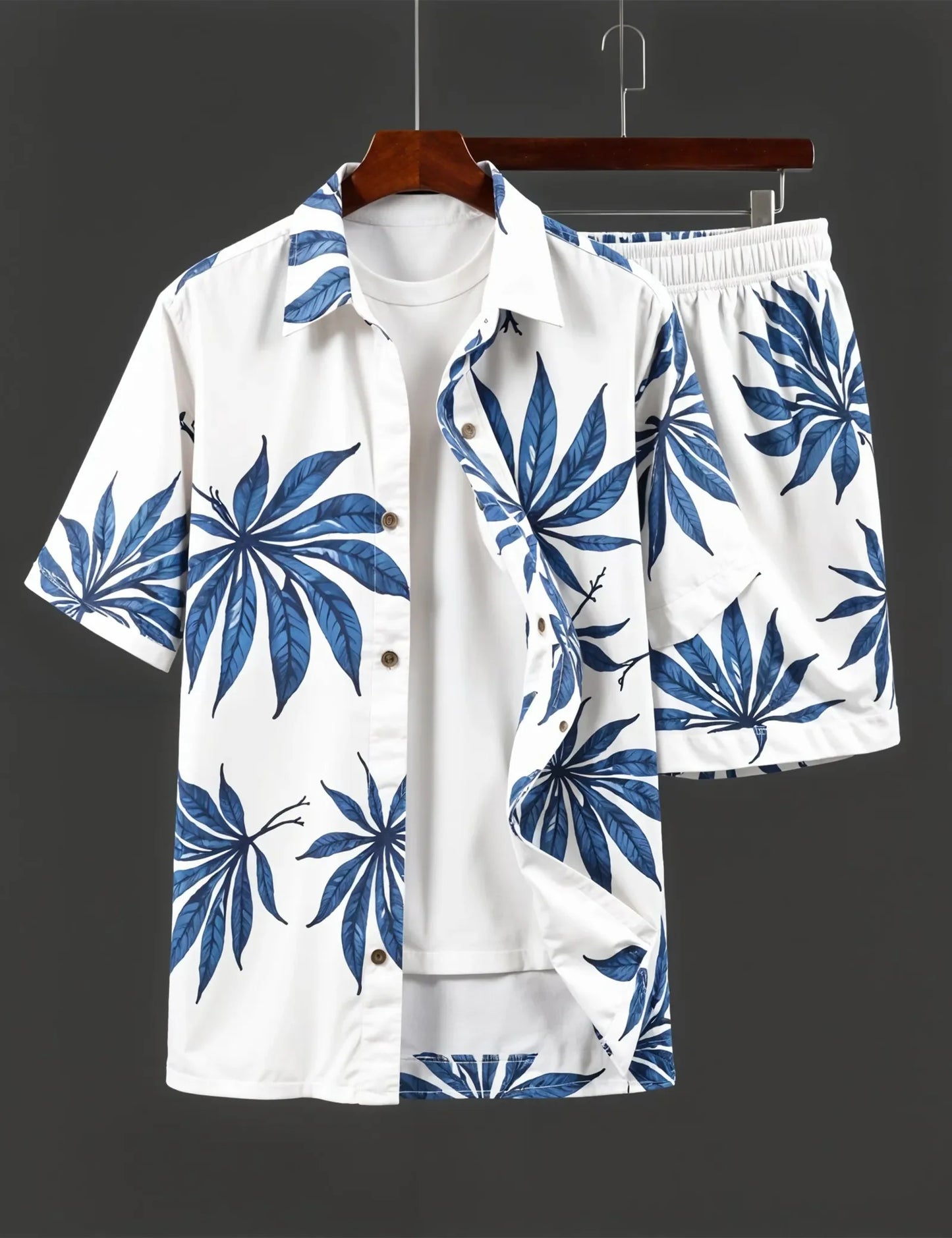 Men's Tropical Blue Leaf Print Shirt & Shorts Set – Stylish Summer Beachwear Outfit - Prime Fitz