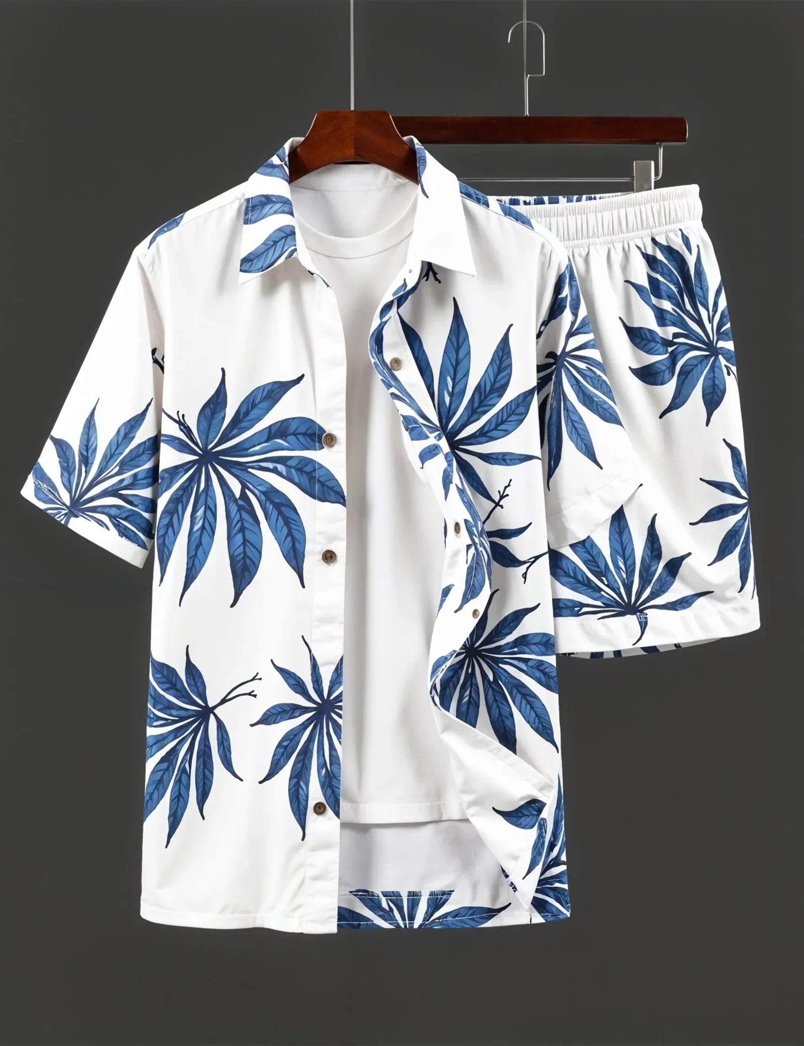 Men's Tropical Blue Leaf Print Shirt & Shorts Set – Stylish Summer Beachwear Outfit - Prime Fitz