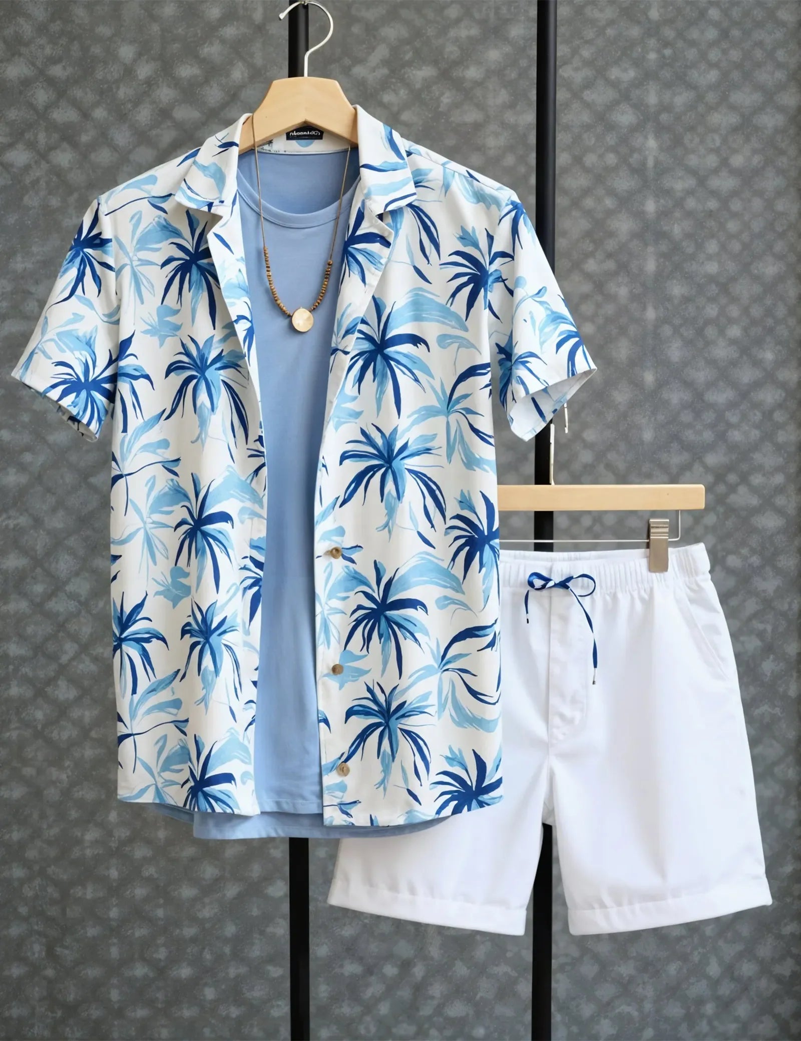 Men's Blue & White Palm Print Shirt and Shorts Set – Coastal Style Summer Outfit - Prime Fitz