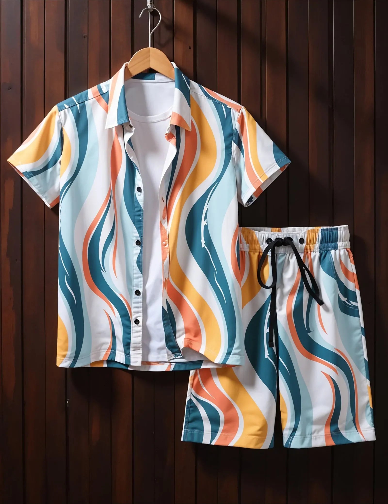 Men's Retro Wave Print Summer Set – Short Sleeve Shirt & Drawstring Shorts - Prime Fitz