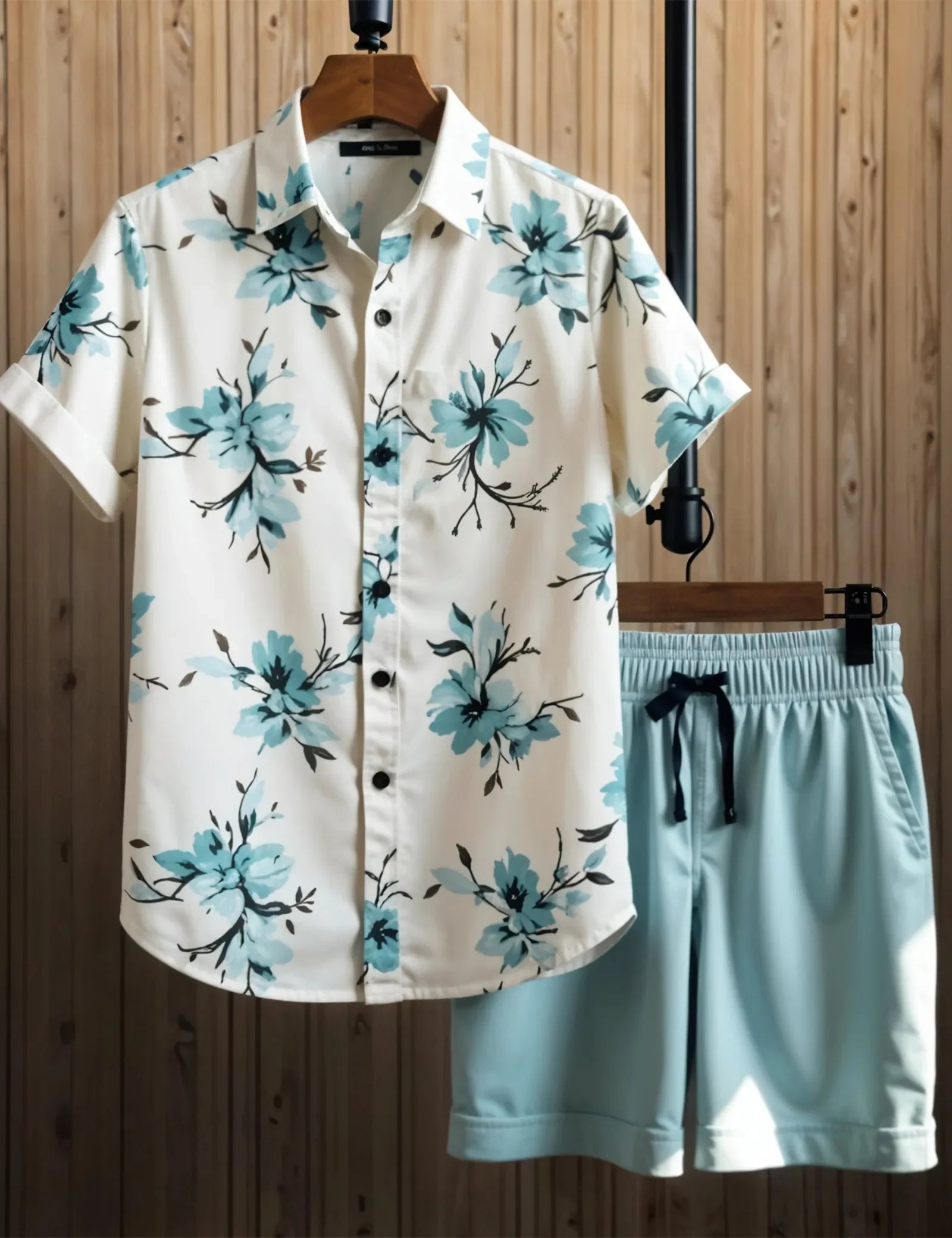 Men's Light Blue Floral Print Shirt & Shorts Set – Casual Summer Beachwear 2-Piece Outfit - Prime Fitz