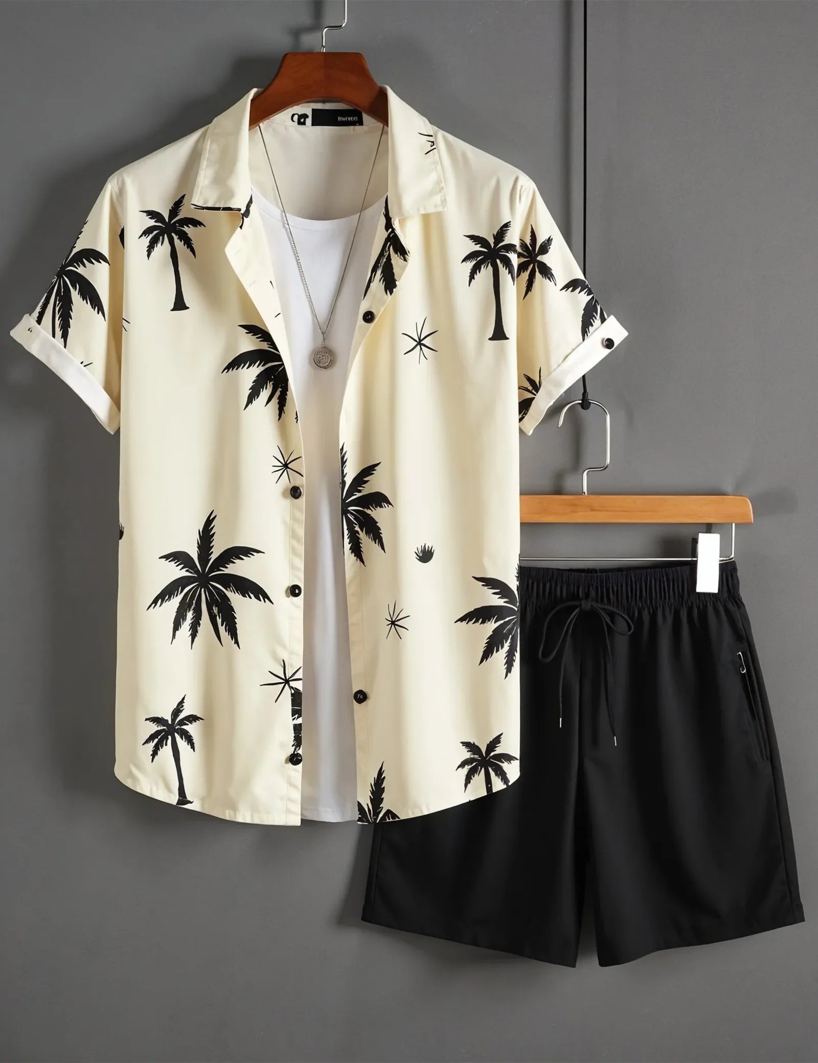 Men's Palm Tree Print Shirt & Black Shorts Set – Tropical Summer Beach Outfit - Prime Fitz