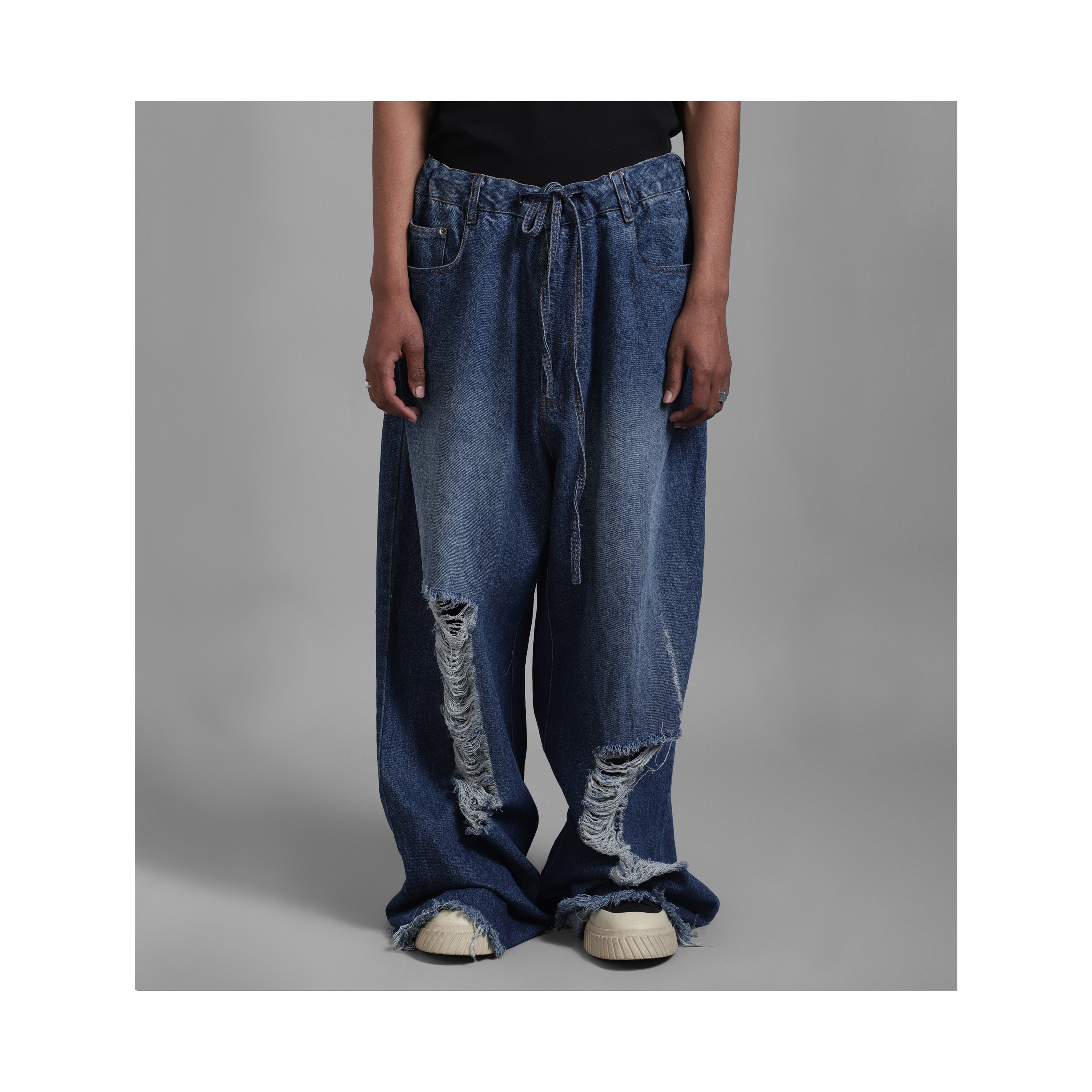 SuperHUEMN Dark Wash Faded Effect Classic Distressed Jeans (Indigo)