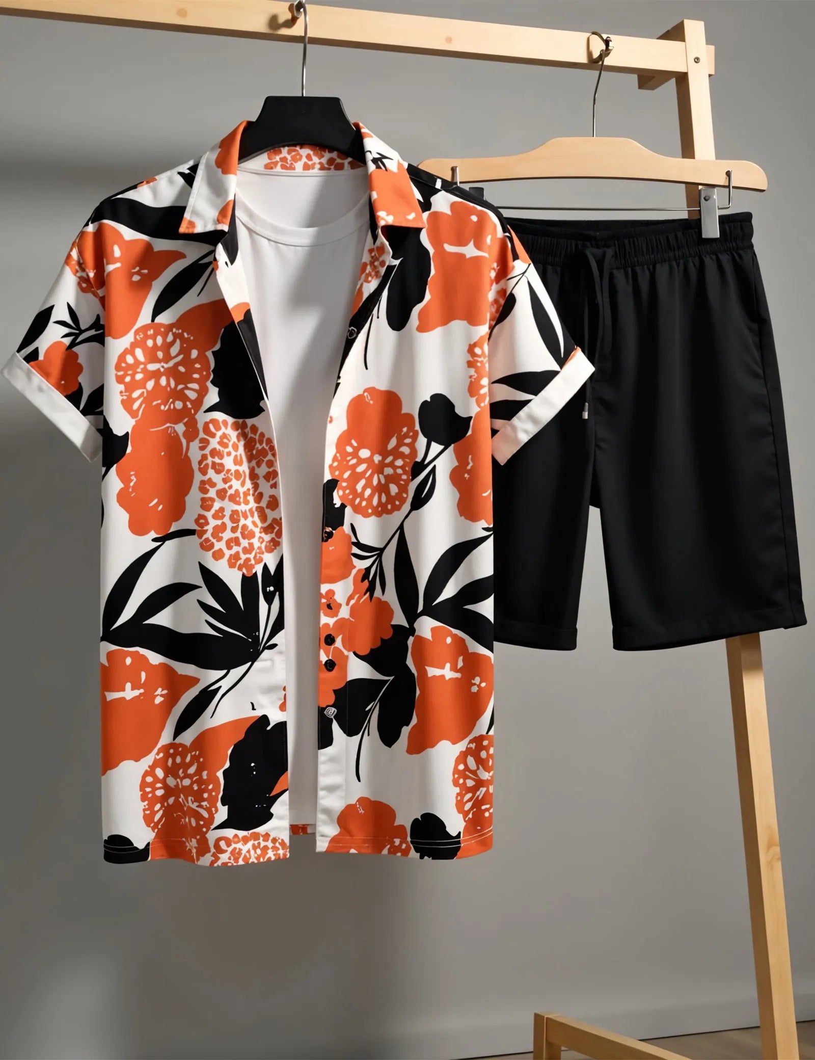 Men's Bold Orange Flower Print Shirt & Shorts Set – Summer Casual 2-Piece Beachwear Outfit - Prime Fitz