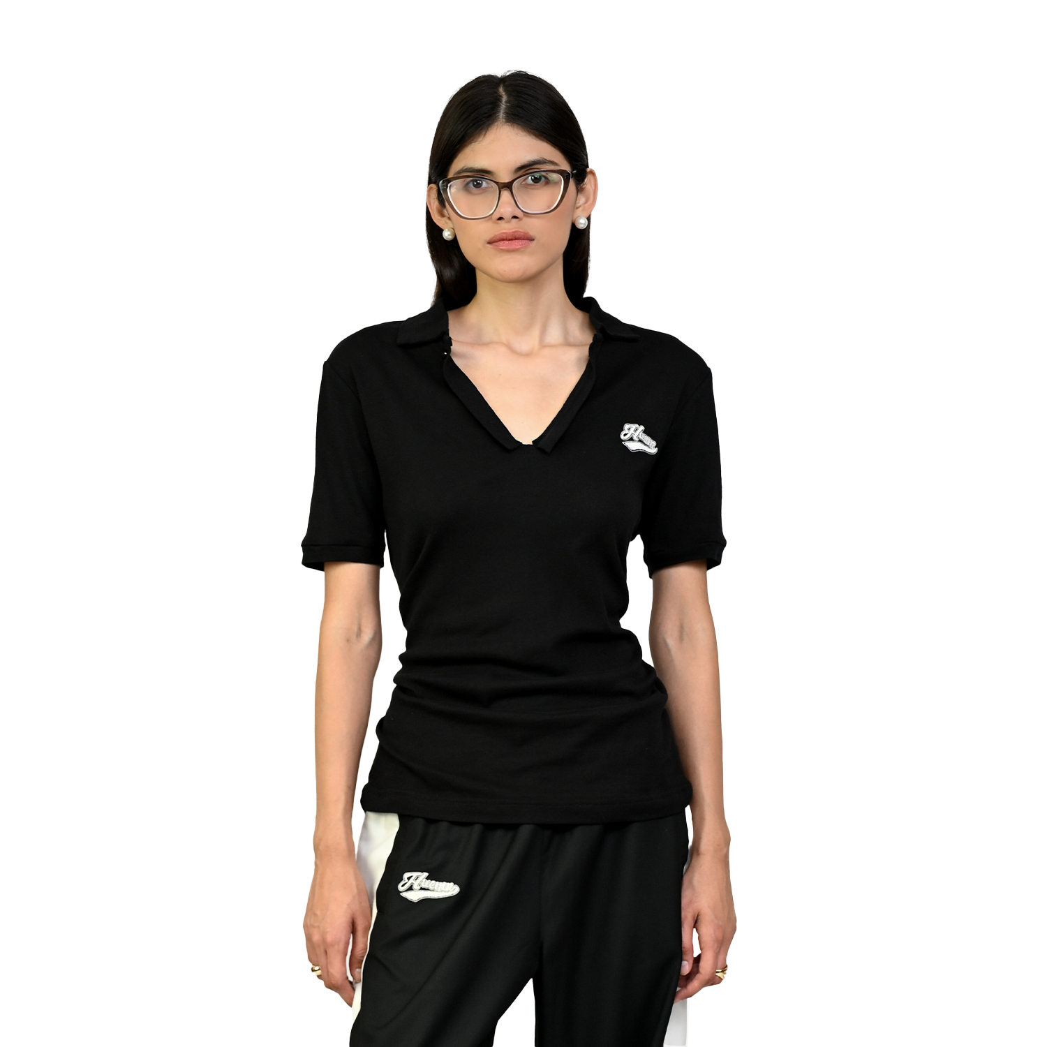Polo T-shirt with deconstructed detail (Women's)-Black